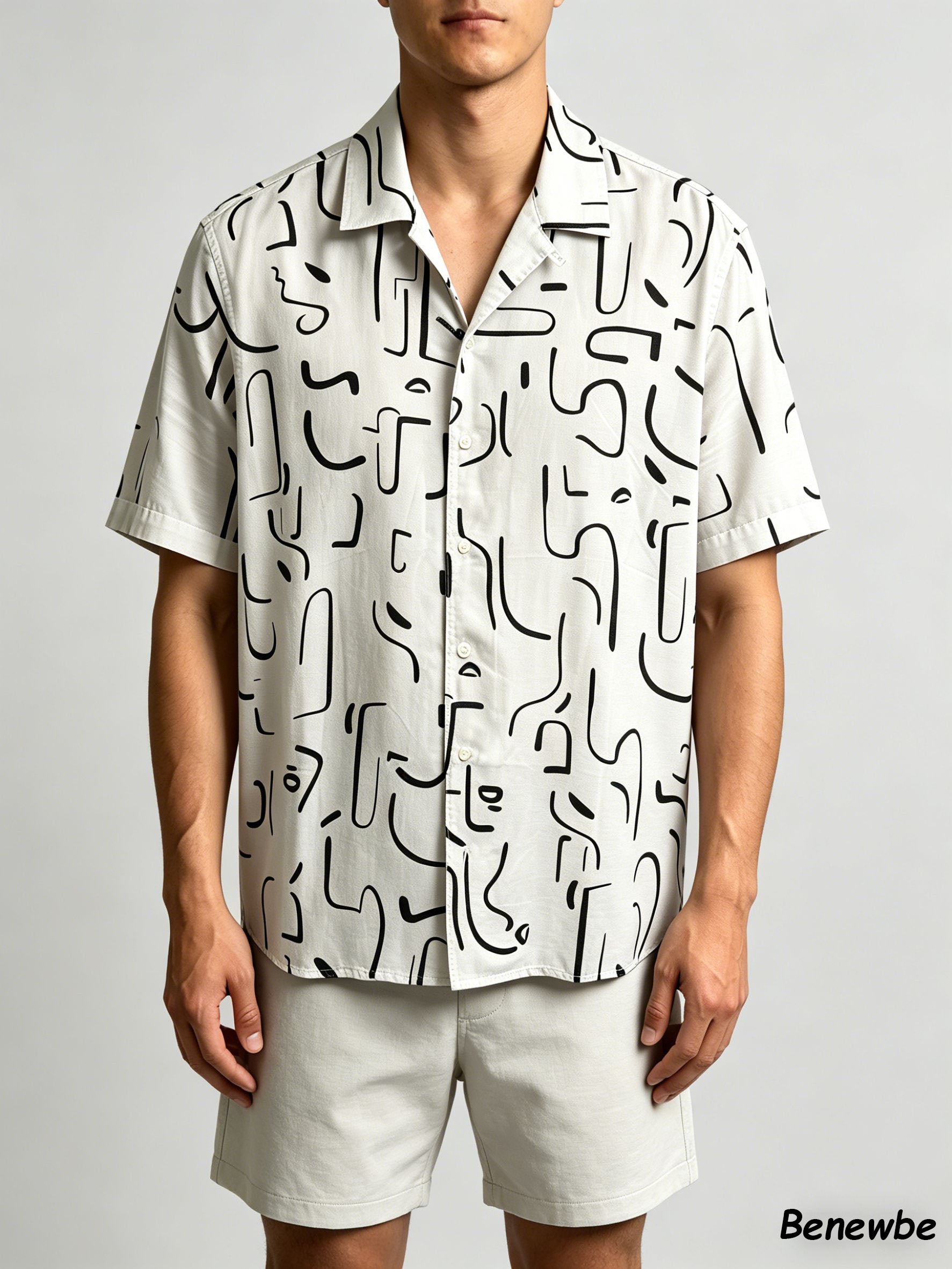 Minimalist Black‑White Graffiti All‑Over Print Shirt, Breathable Vacation‑Style Short Sleeve Blouse for Men