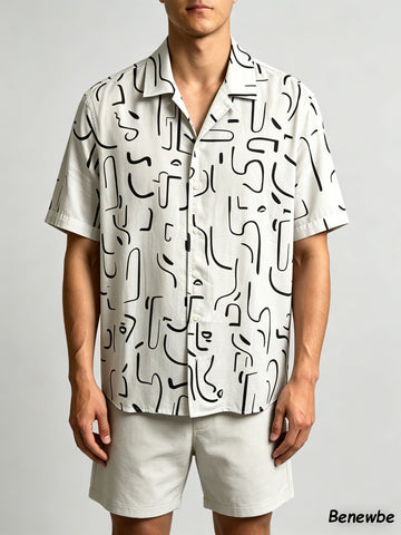 Minimalist Black‑White Graffiti All‑Over Print Shirt, Breathable Vacation‑Style Short Sleeve Blouse for Men