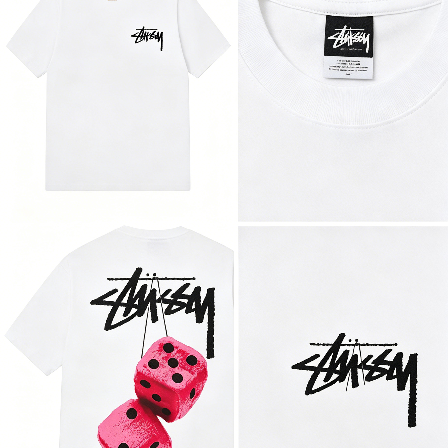 Double-Sided Graffiti Logo Plush Dice Print Short Sleeve Top, Pure Cotton Oversized Casual Crew Neck T‑Shirt