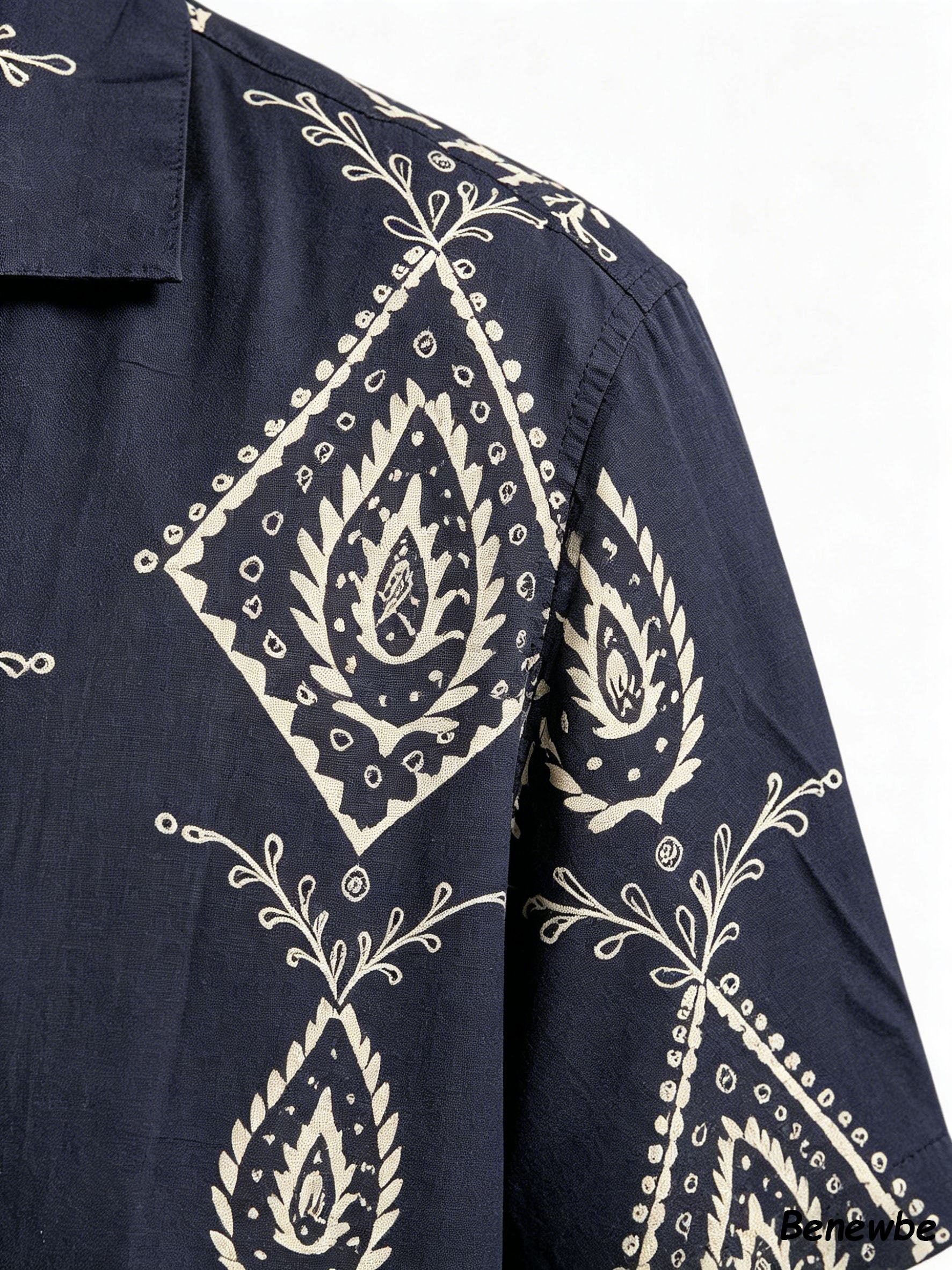 Men's Navy Paisley Geometric Short Sleeve Shirt, Retro Ethnic Camp Collar Loose Casual Top