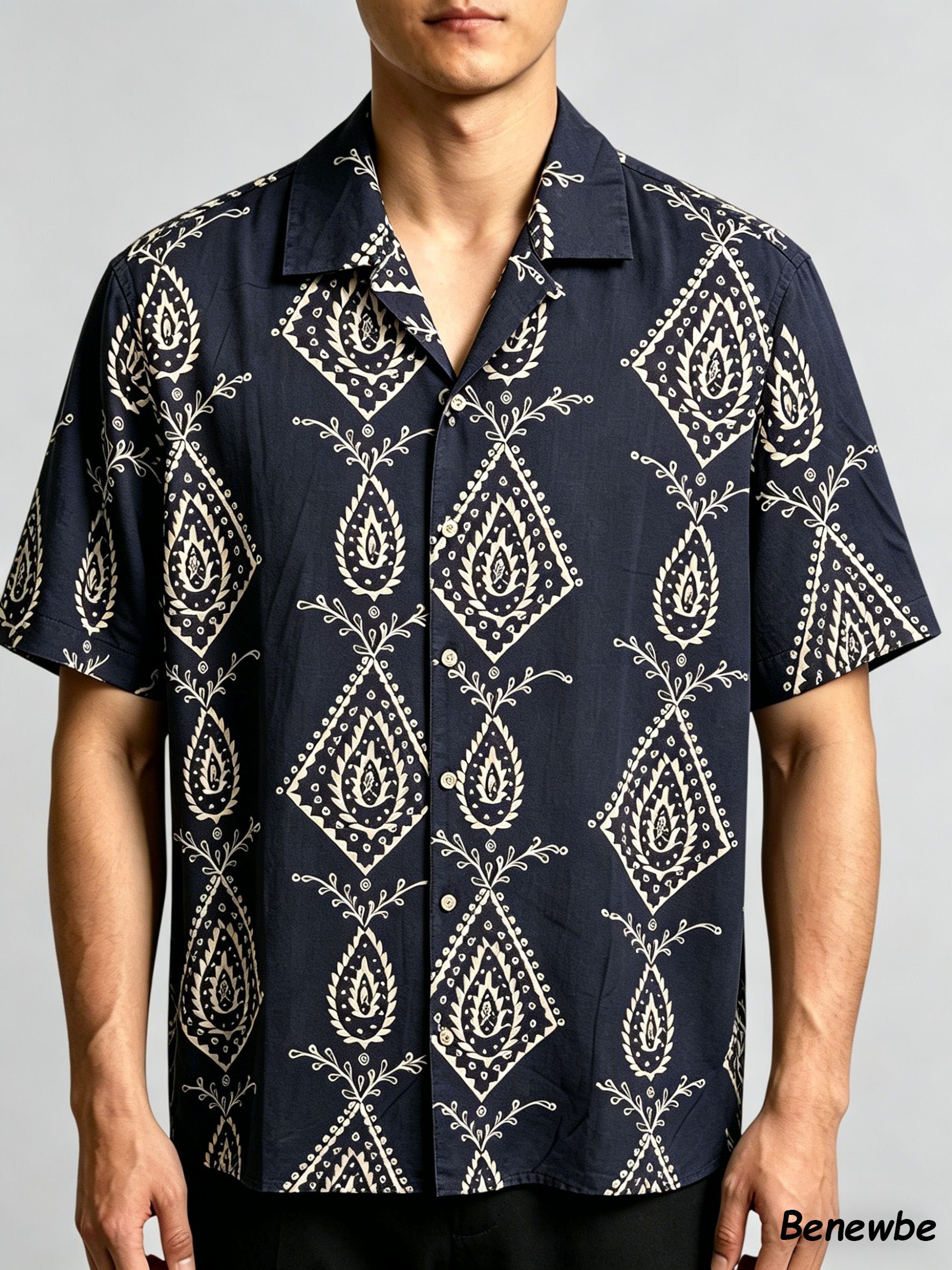 Men's Navy Paisley Geometric Short Sleeve Shirt, Retro Ethnic Camp Collar Loose Casual Top