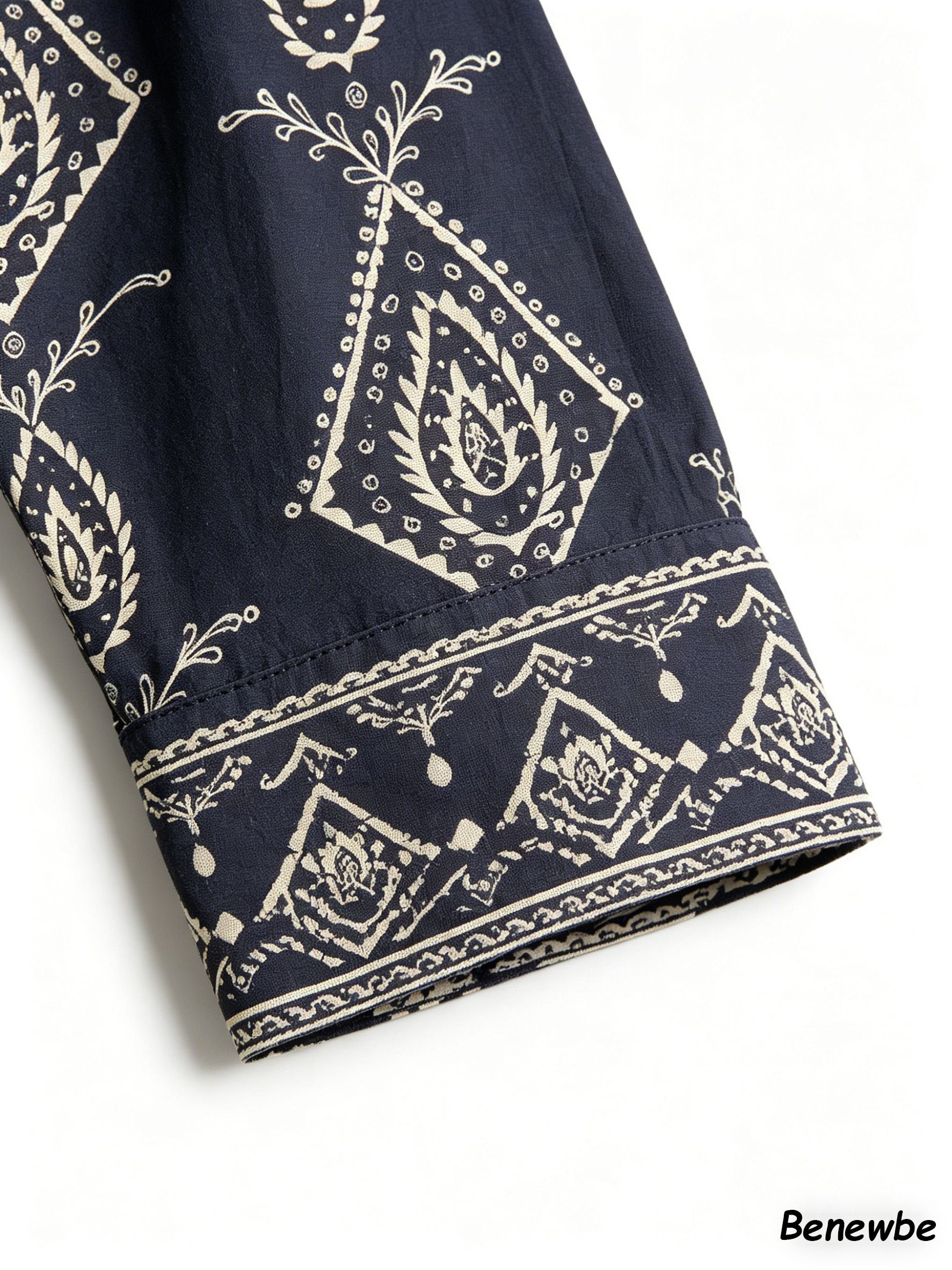 Men's Navy Paisley Geometric Short Sleeve Shirt, Retro Ethnic Camp Collar Loose Casual Top