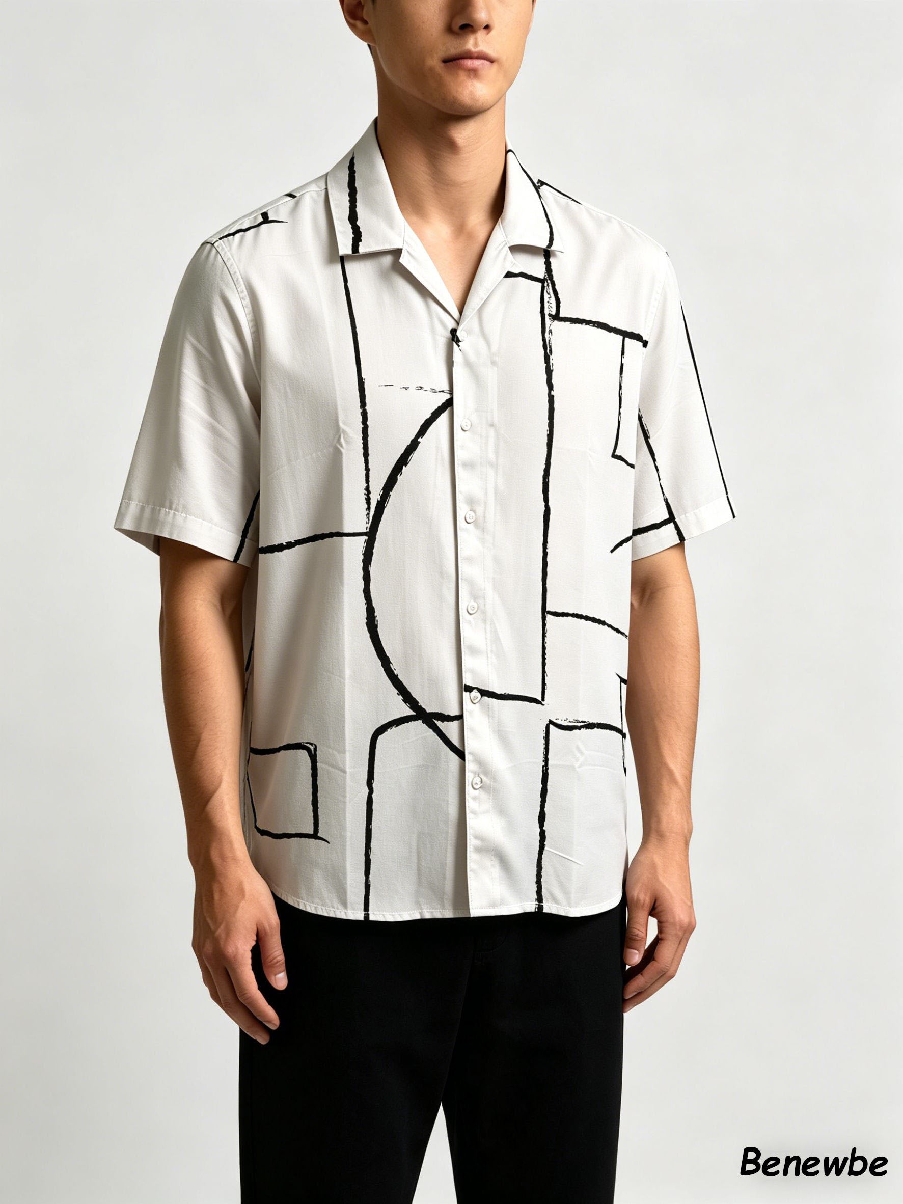 Men's Minimalist Geometric Hand‑Drawn Line Short Sleeve Shirt, Art‑Inspired Camp Collar Loose Casual Top