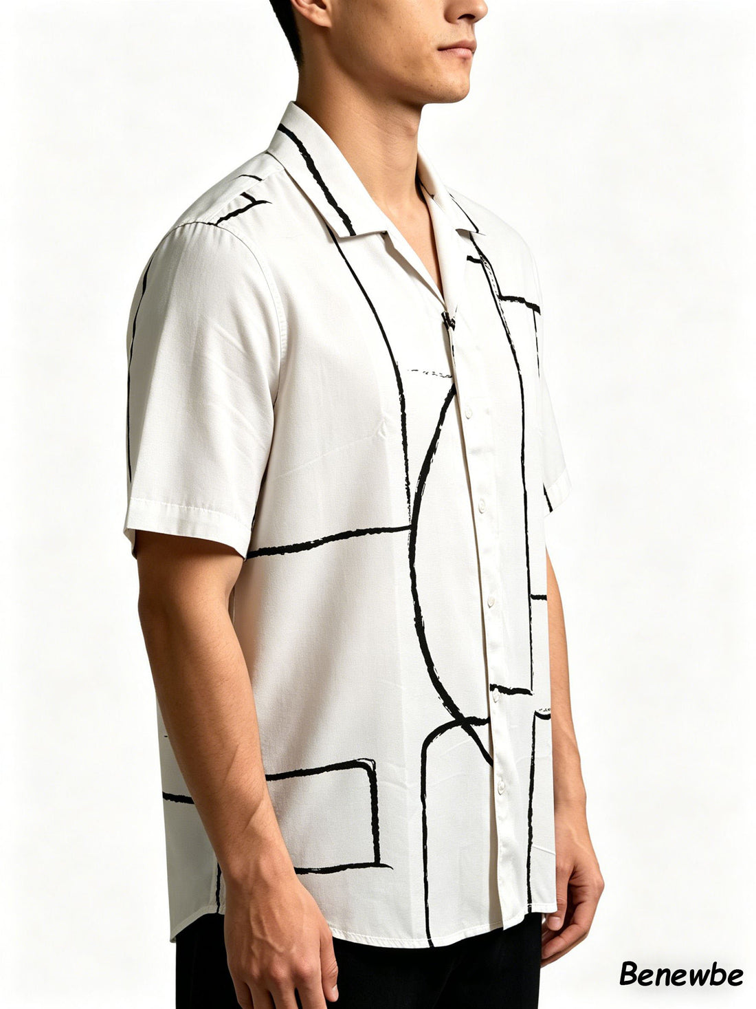 Men's Minimalist Geometric Hand‑Drawn Line Short Sleeve Shirt, Art‑Inspired Camp Collar Loose Casual Top