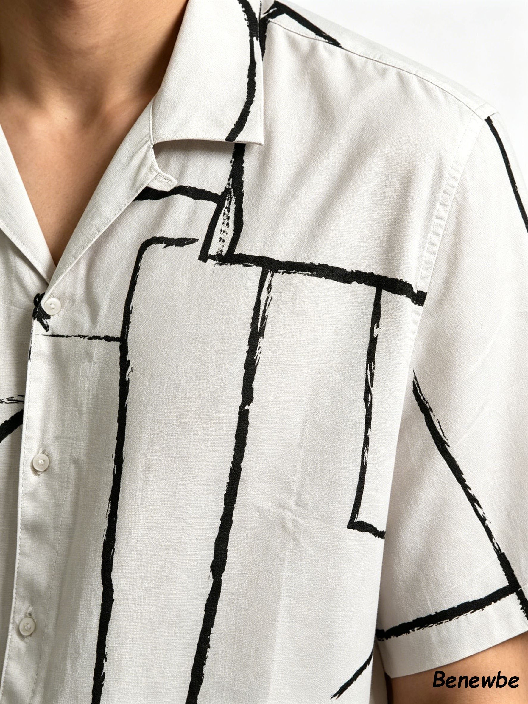Men's Minimalist Geometric Hand‑Drawn Line Short Sleeve Shirt, Art‑Inspired Camp Collar Loose Casual Top