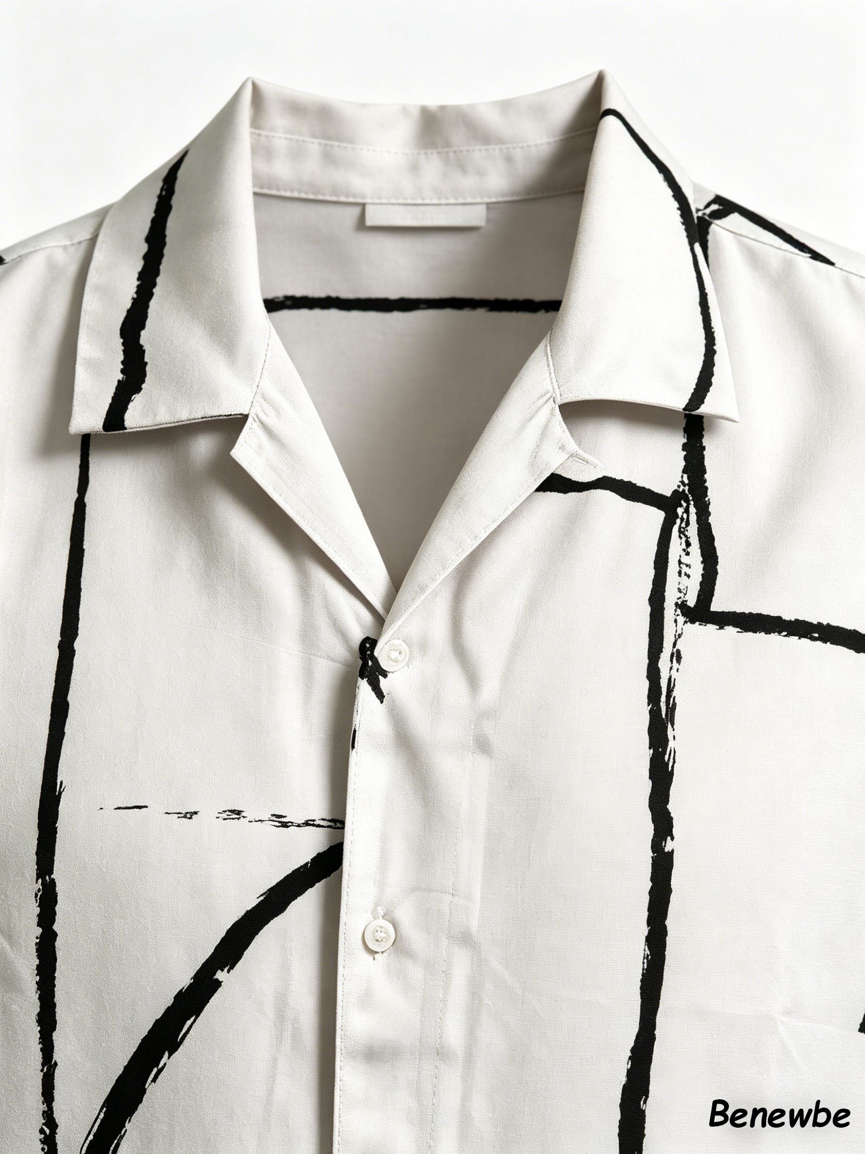 Men's Minimalist Geometric Hand‑Drawn Line Short Sleeve Shirt, Art‑Inspired Camp Collar Loose Casual Top