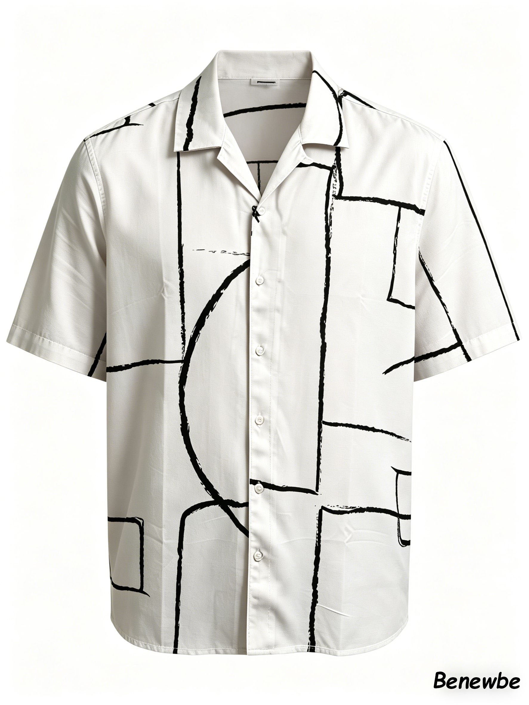 Men's Minimalist Geometric Hand‑Drawn Line Short Sleeve Shirt, Art‑Inspired Camp Collar Loose Casual Top