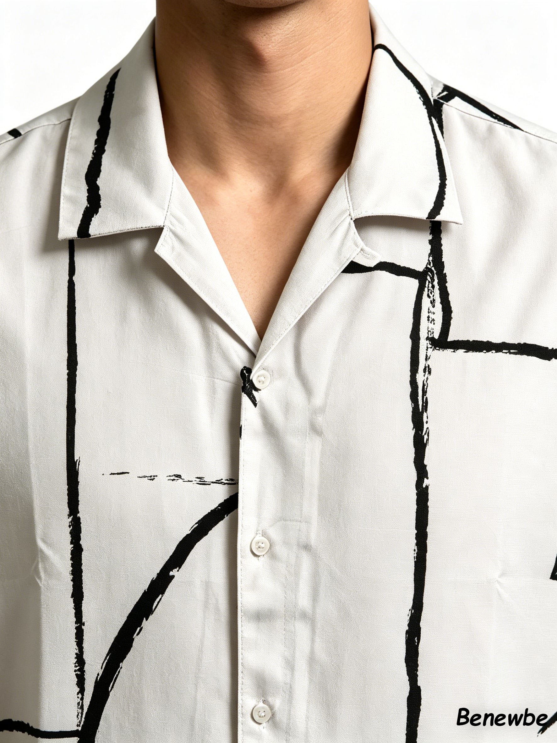 Men's Minimalist Geometric Hand‑Drawn Line Short Sleeve Shirt, Art‑Inspired Camp Collar Loose Casual Top