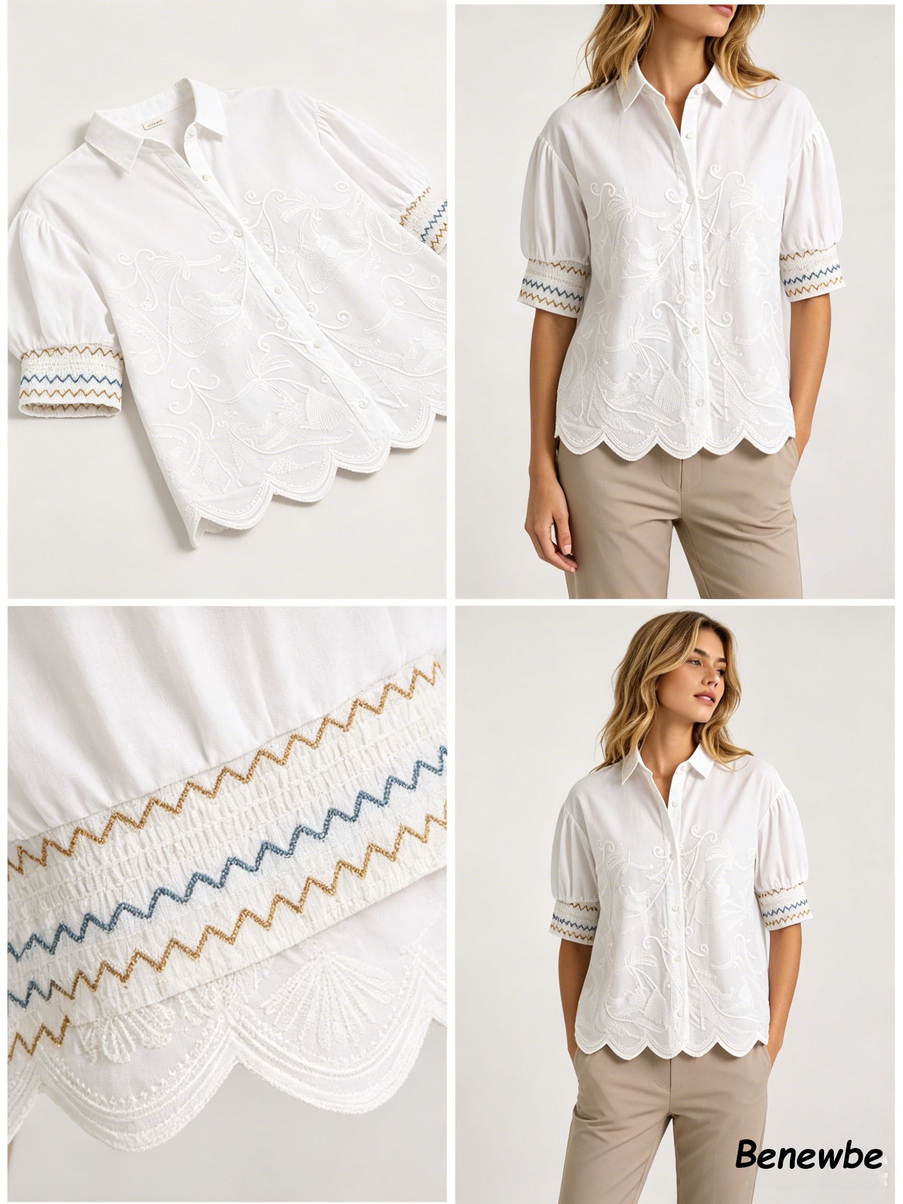 Women's Heavy Embroidered Puff Sleeve White Blouse, Vintage Collar Smocked Cuff Scalloped Hem Shirt