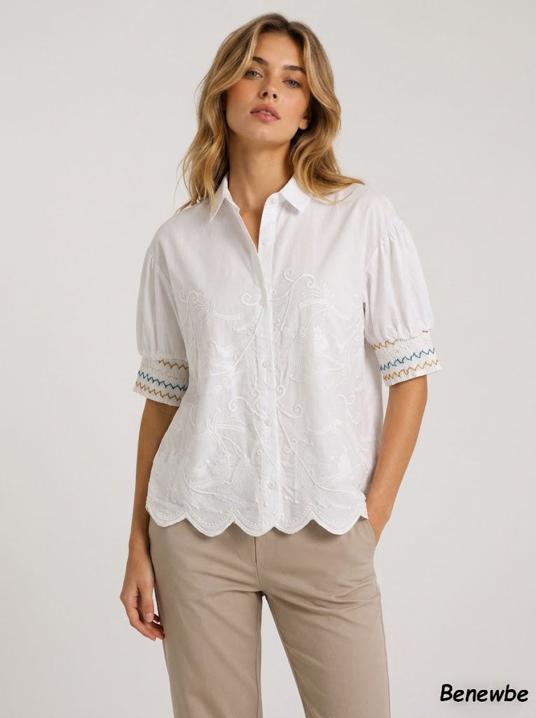 Women's Heavy Embroidered Puff Sleeve White Blouse, Vintage Collar Smocked Cuff Scalloped Hem Shirt