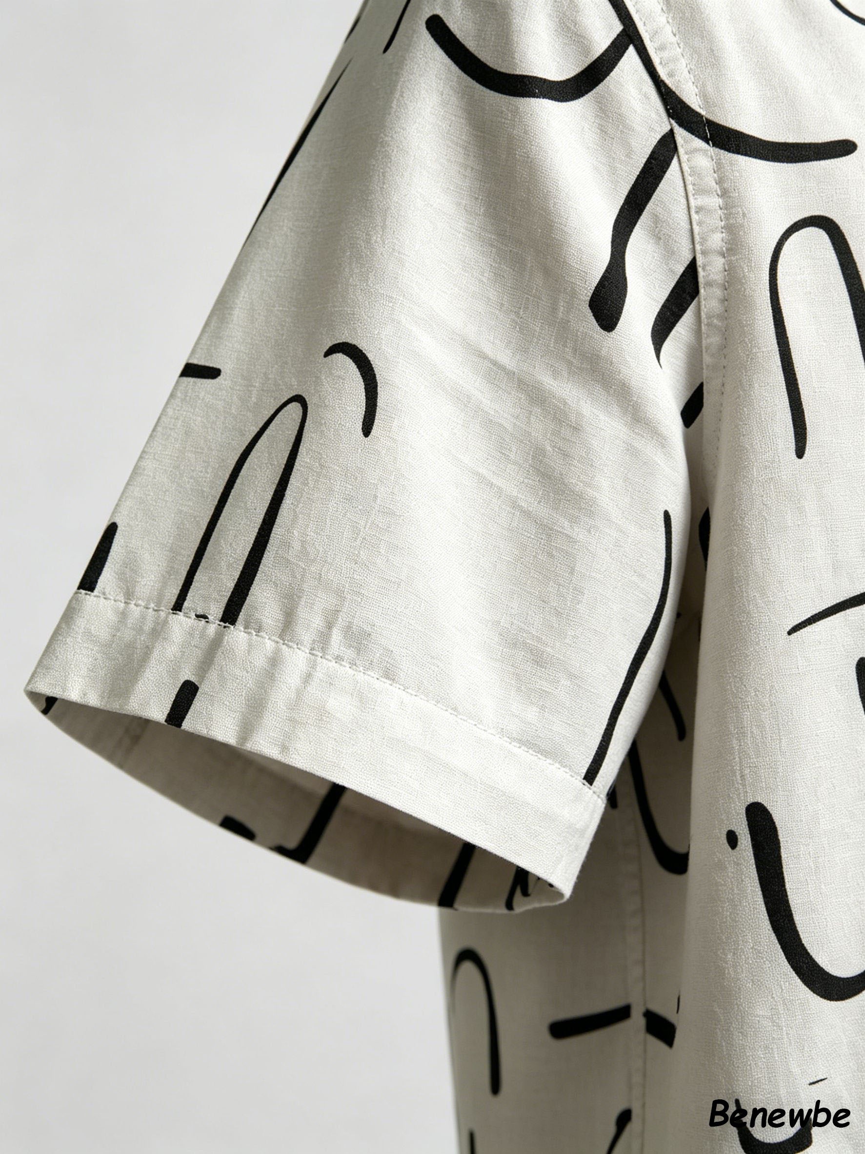 Minimalist Black‑White Graffiti All‑Over Print Shirt, Breathable Vacation‑Style Short Sleeve Blouse for Men