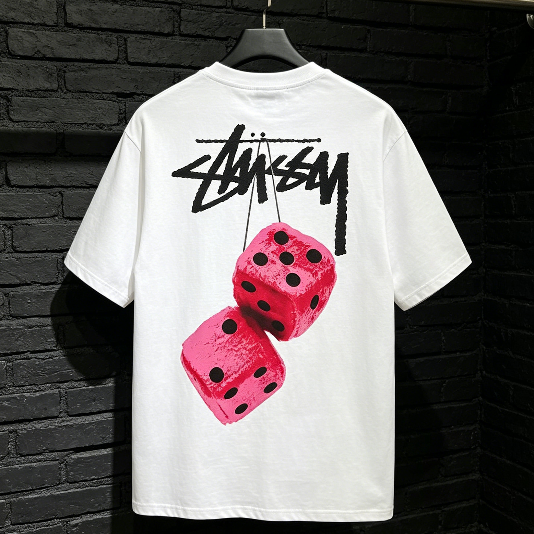 Double-Sided Graffiti Logo Plush Dice Print Short Sleeve Top, Pure Cotton Oversized Casual Crew Neck T‑Shirt