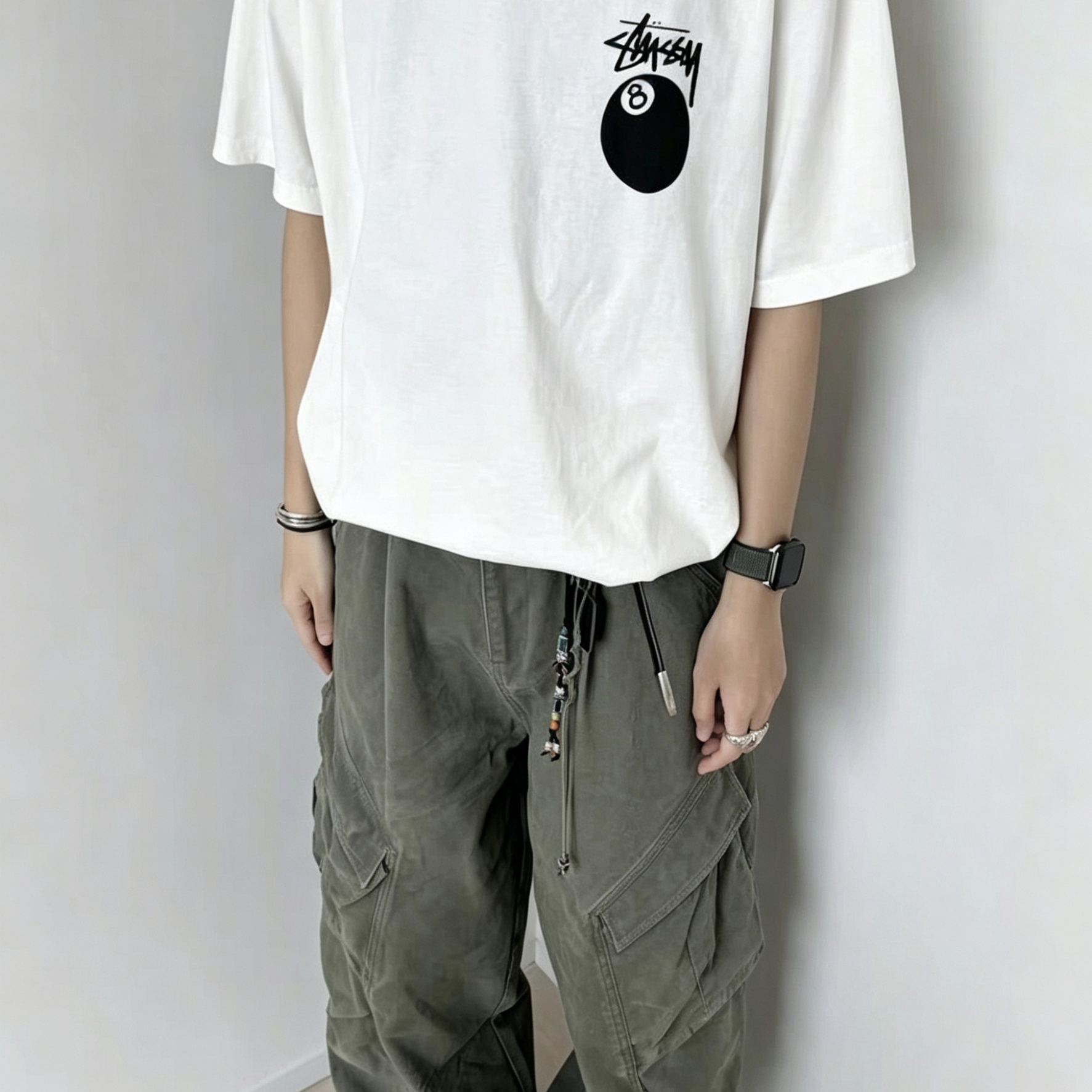 Classic Stussy Style Black 8 Ball Print T-Shirt, Pure Cotton Loose Fit Casual Skate Top