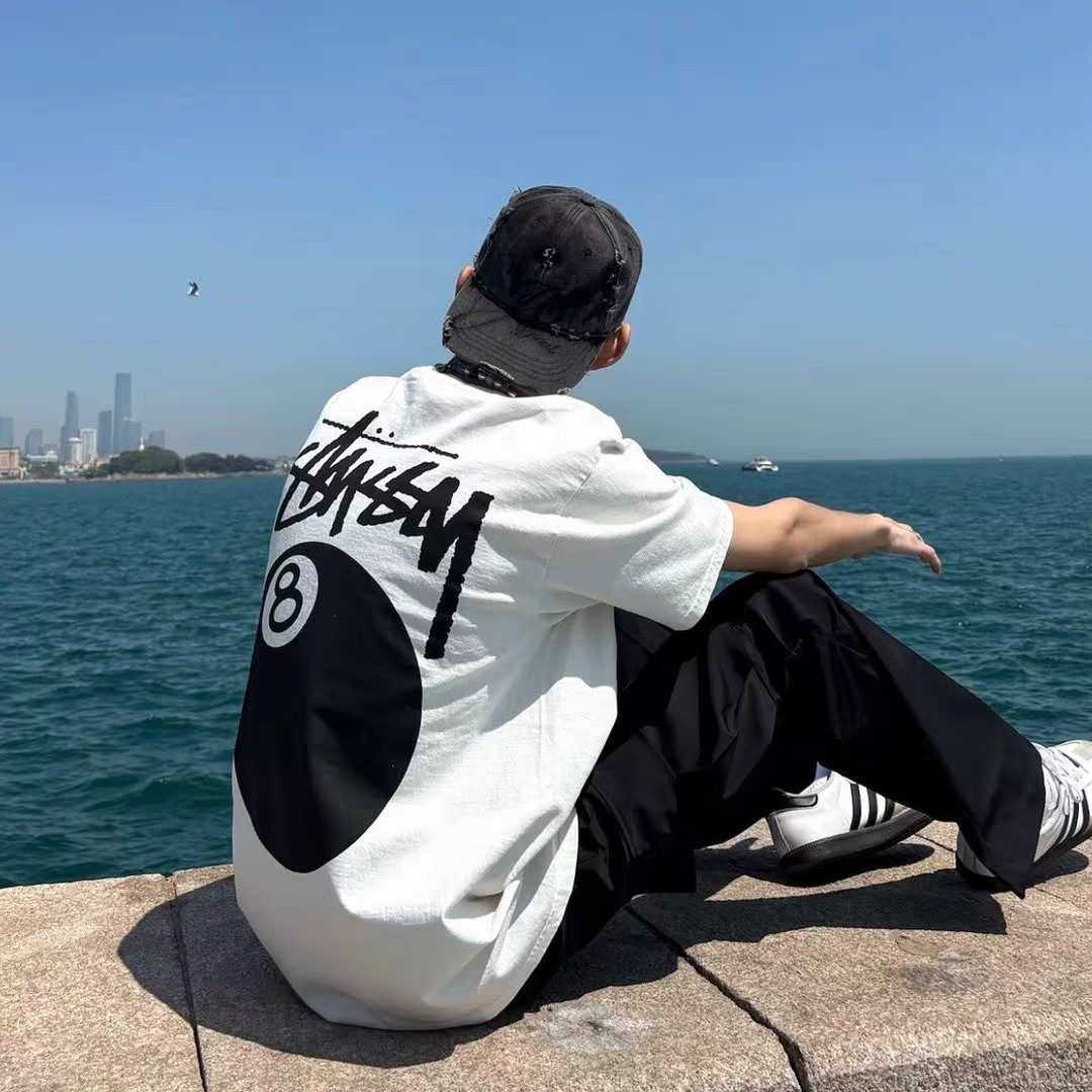 Classic Stussy Style Black 8 Ball Print T-Shirt, Pure Cotton Loose Fit Casual Skate Top