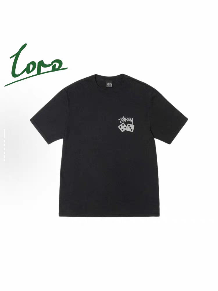 Double-Sided Graffiti Script & Simple Dice Print Short Sleeve Top, Pure Cotton Casual Basic T‑Shirt