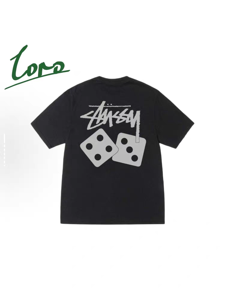 Double-Sided Graffiti Script & Simple Dice Print Short Sleeve Top, Pure Cotton Casual Basic T‑Shirt