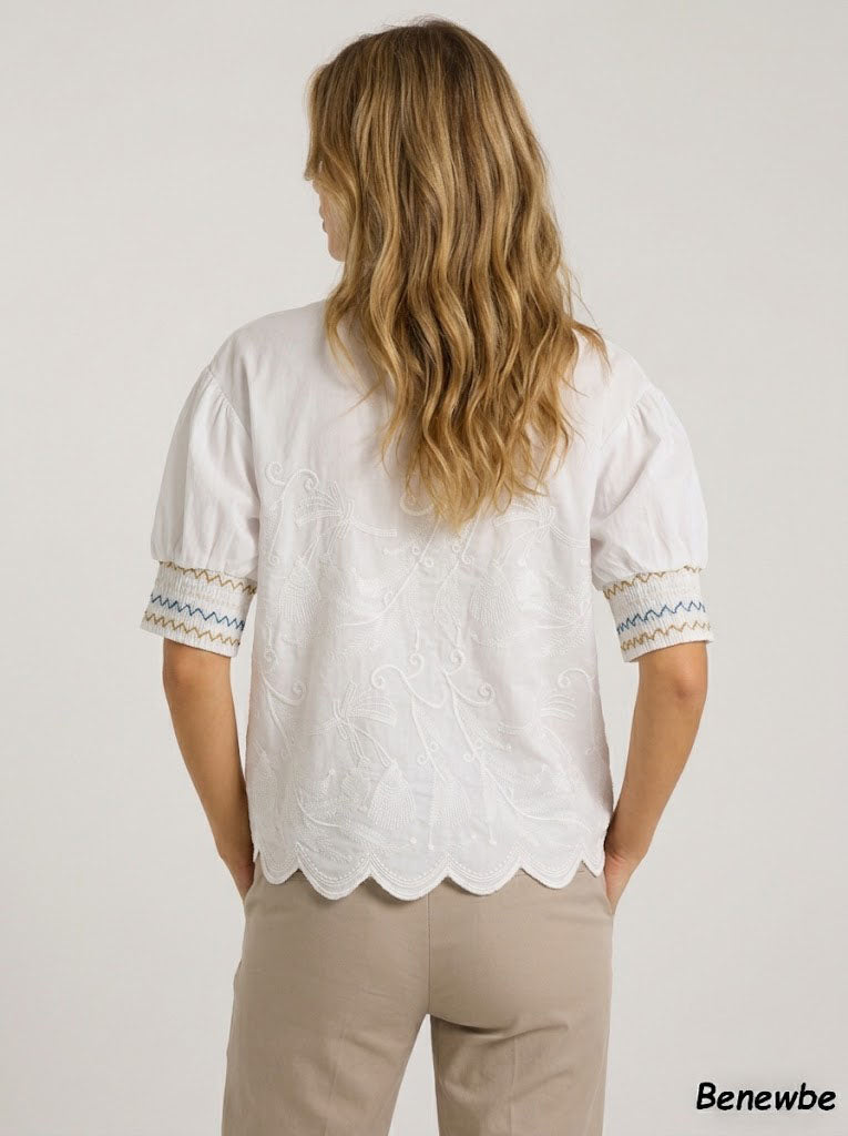 Women's Heavy Embroidered Puff Sleeve White Blouse, Vintage Collar Smocked Cuff Scalloped Hem Shirt