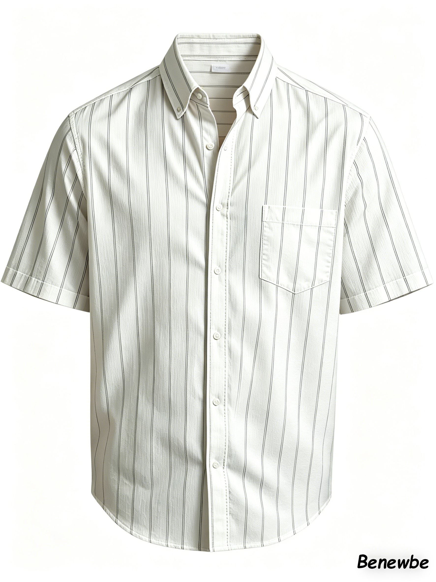 Men's Minimal Thin Vertical Stripe Short Sleeve Shirt, Casual Button‑Down Collar Top with Chest Pocket