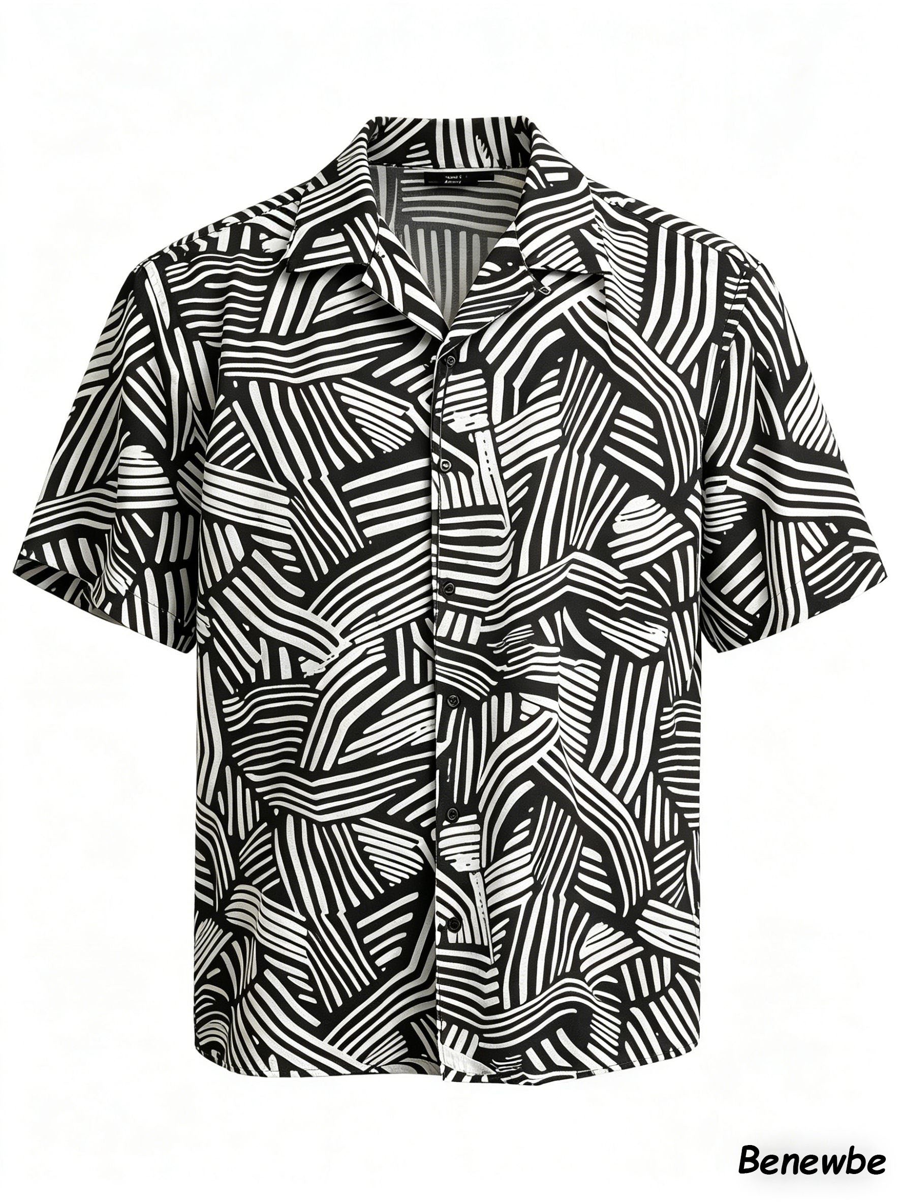 Men's Retro Black & White Geometric Line Short Sleeve Shirt, Casual Camp Collar Loose Button‑Up Top