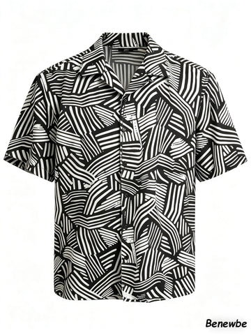 Men's Retro Black & White Geometric Line Short Sleeve Shirt, Casual Camp Collar Loose Button‑Up Top
