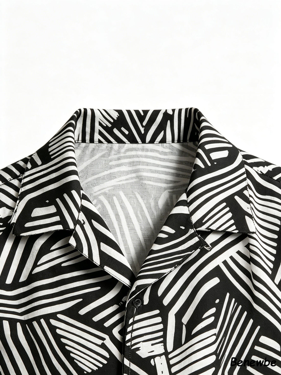 Men's Retro Black & White Geometric Line Short Sleeve Shirt, Casual Camp Collar Loose Button‑Up Top