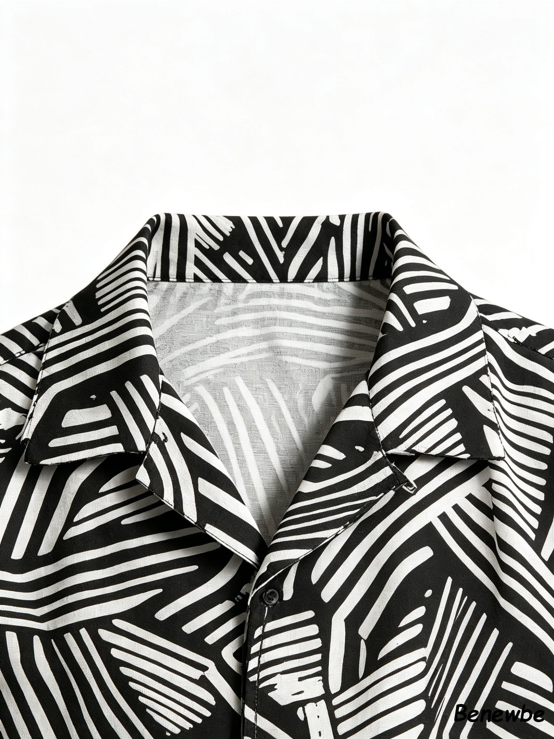Men's Retro Black & White Geometric Line Short Sleeve Shirt, Casual Camp Collar Loose Button‑Up Top