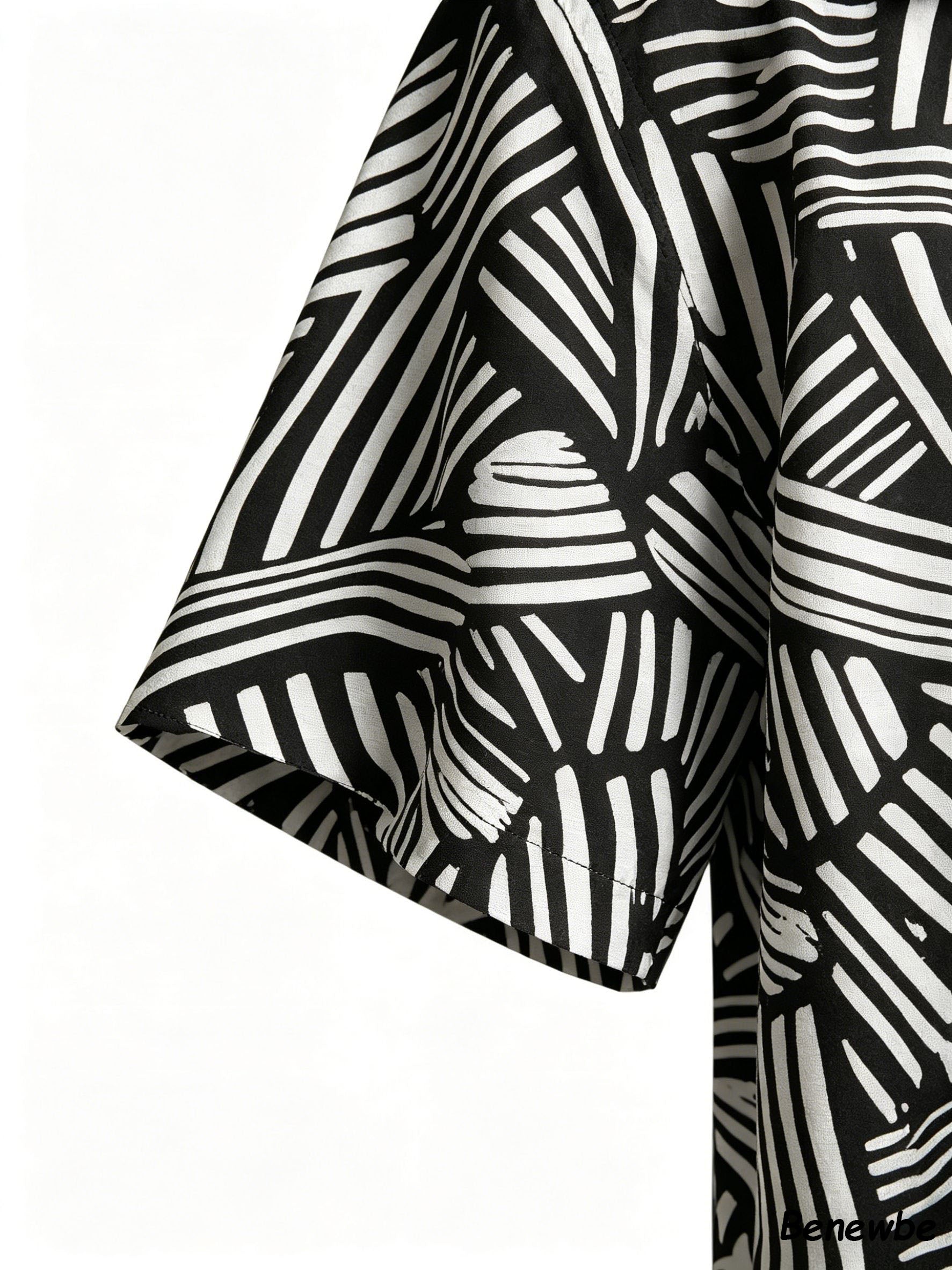 Men's Retro Black & White Geometric Line Short Sleeve Shirt, Casual Camp Collar Loose Button‑Up Top