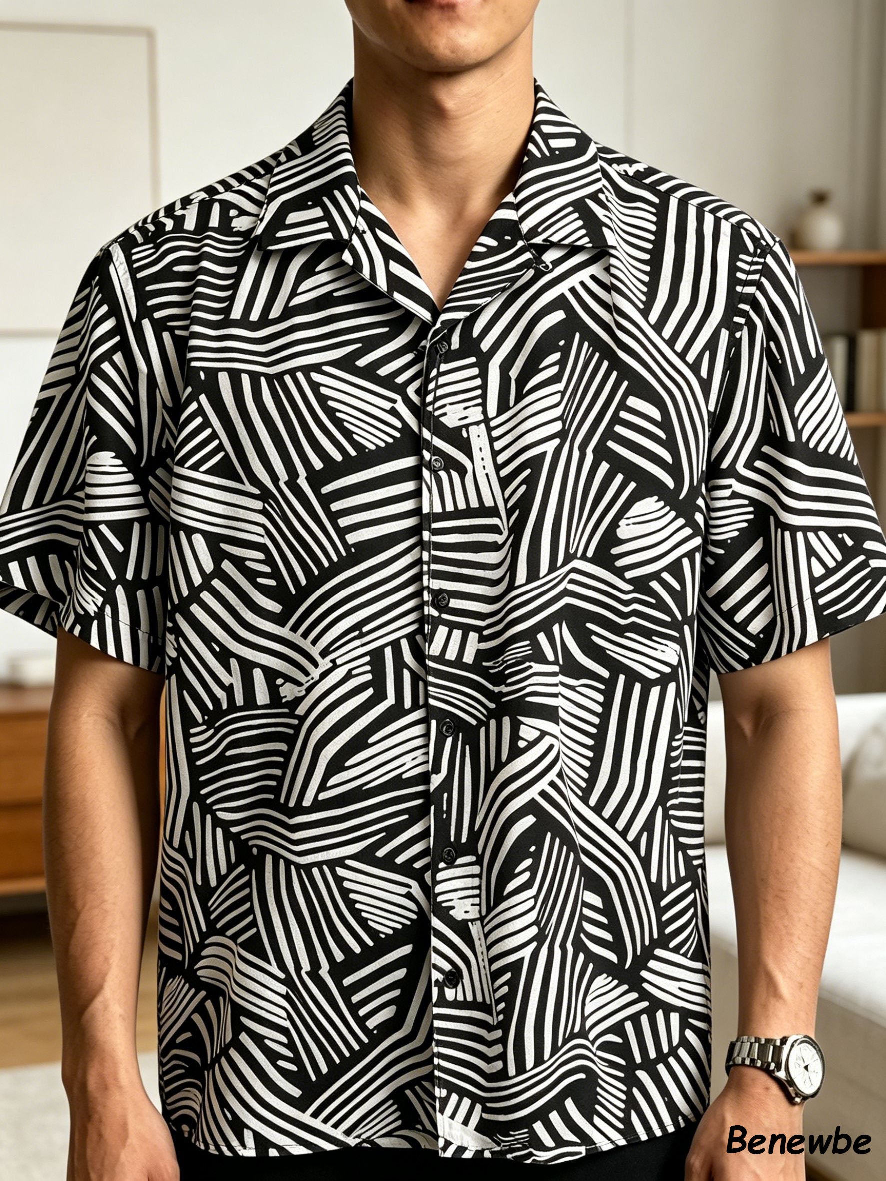 Men's Retro Black & White Geometric Line Short Sleeve Shirt, Casual Camp Collar Loose Button‑Up Top