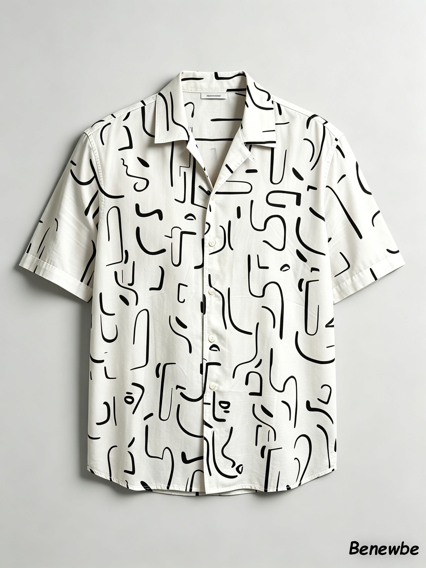 Minimalist Black‑White Graffiti All‑Over Print Shirt, Breathable Vacation‑Style Short Sleeve Blouse for Men