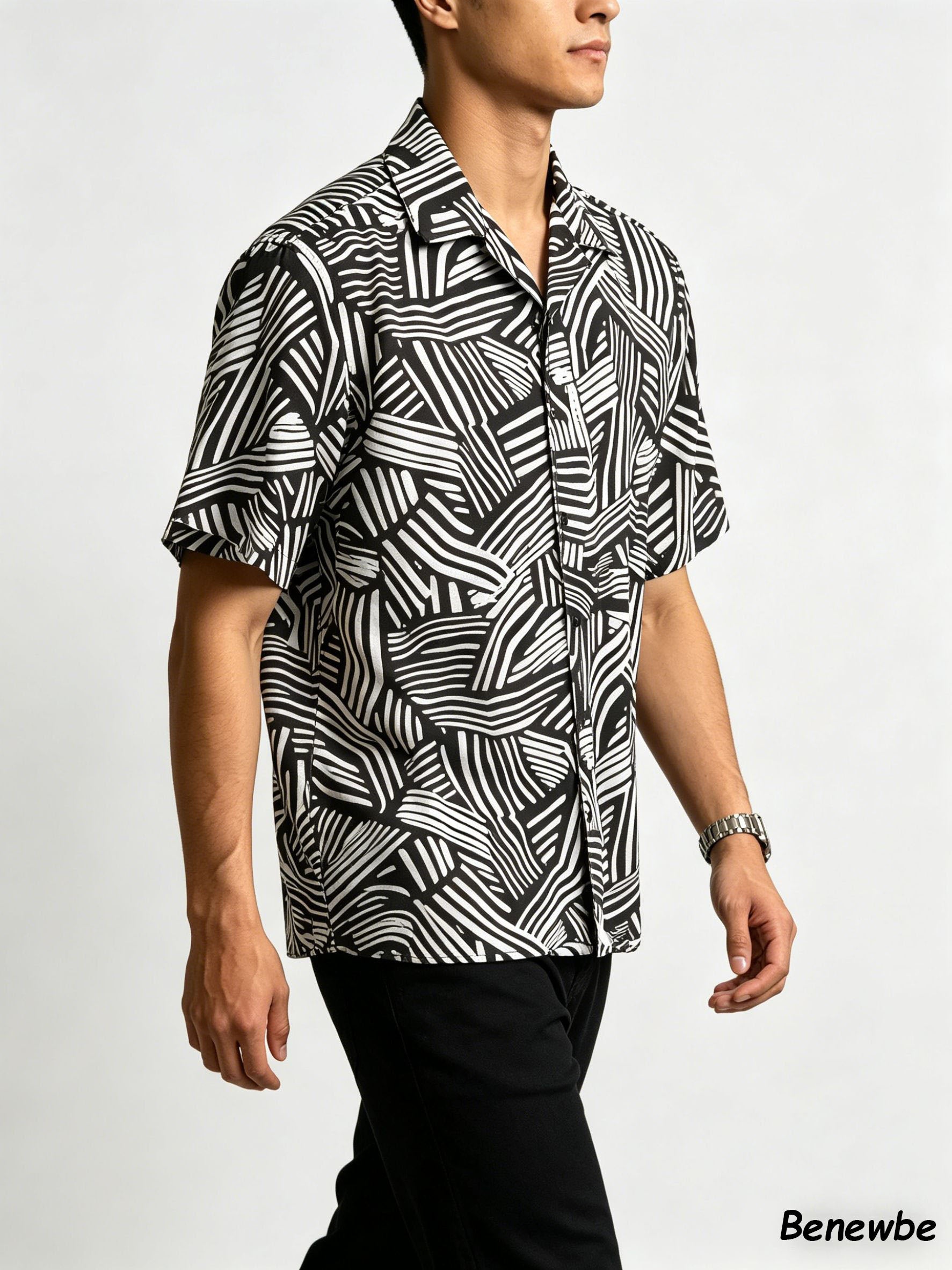 Men's Retro Black & White Geometric Line Short Sleeve Shirt, Casual Camp Collar Loose Button‑Up Top