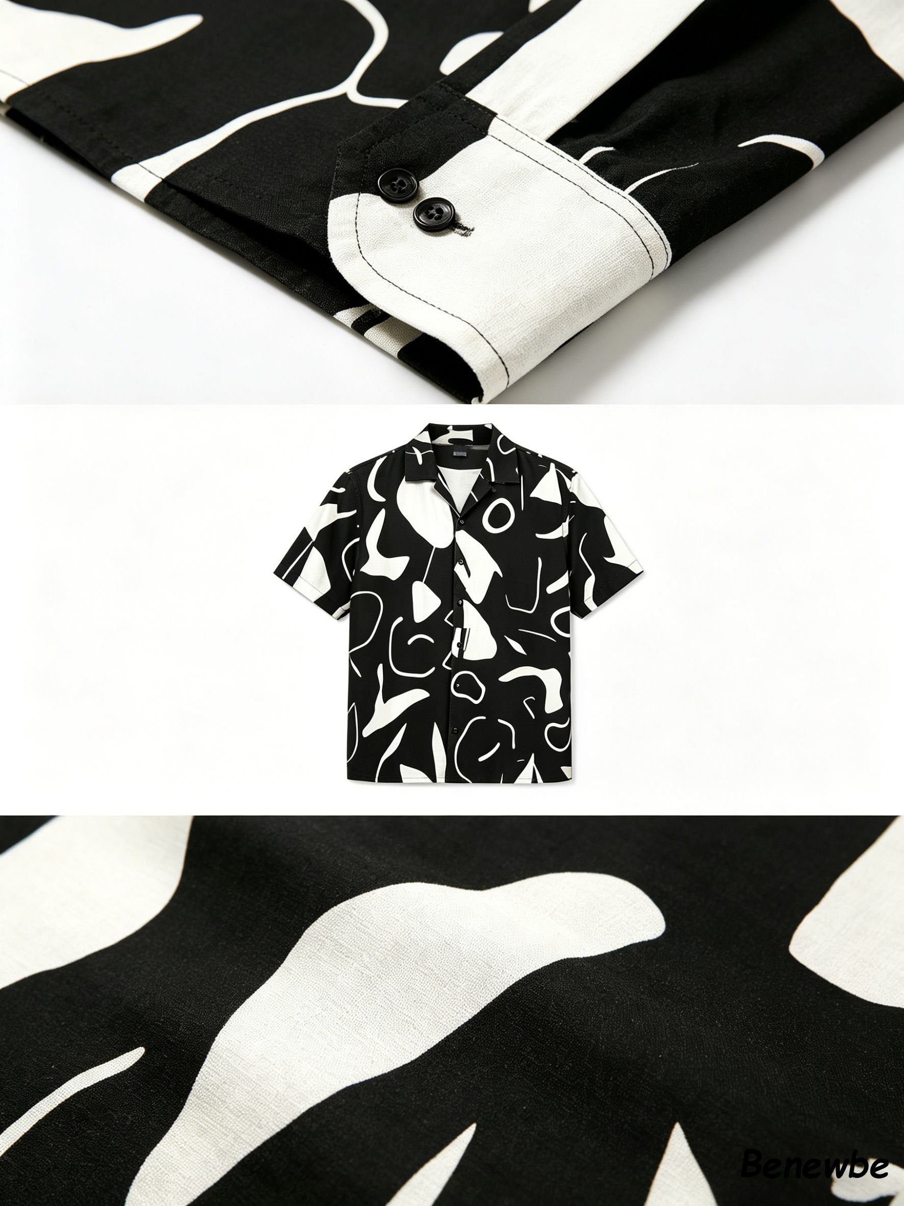 Minimalist Artistic Graffiti All‑Over Print Shirt, Breathable Drapey Casual Short Sleeve Blouse for Men