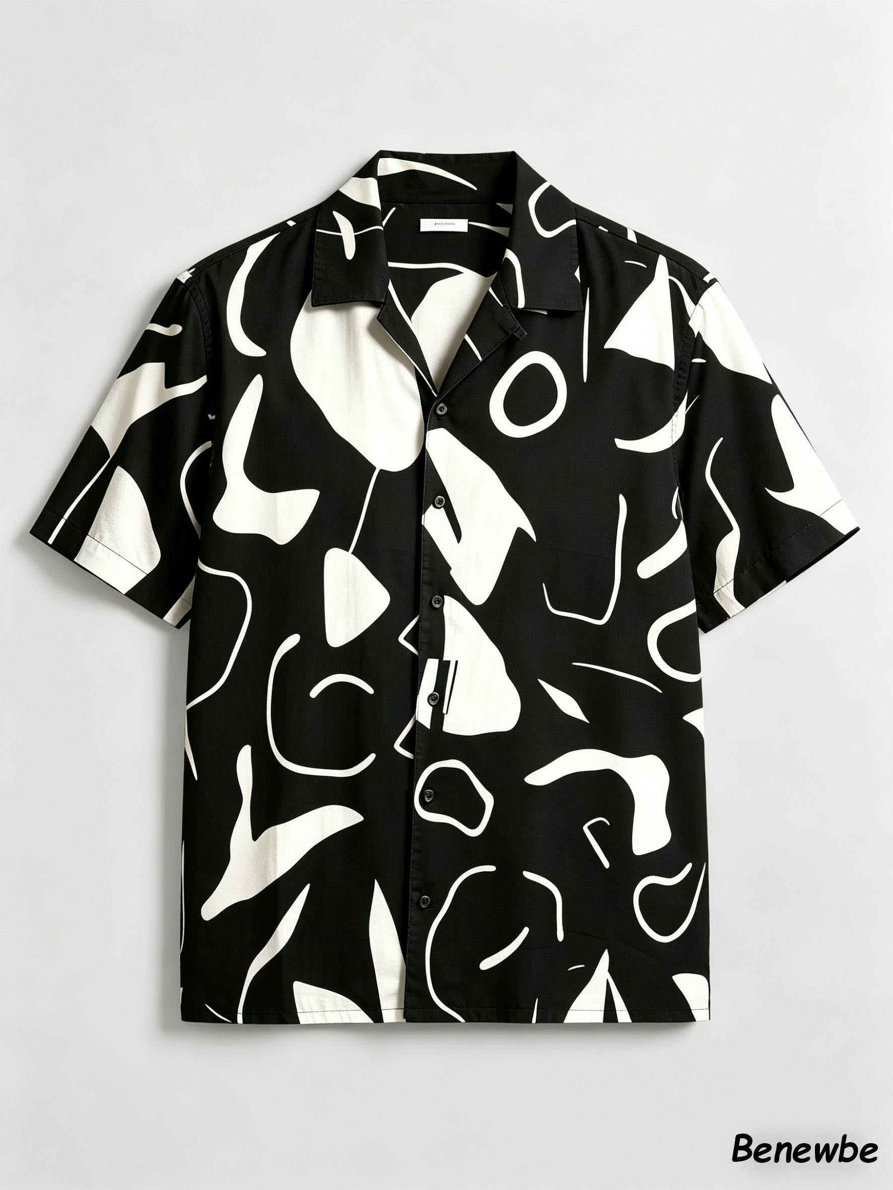 Minimalist Artistic Graffiti All‑Over Print Shirt, Breathable Drapey Casual Short Sleeve Blouse for Men