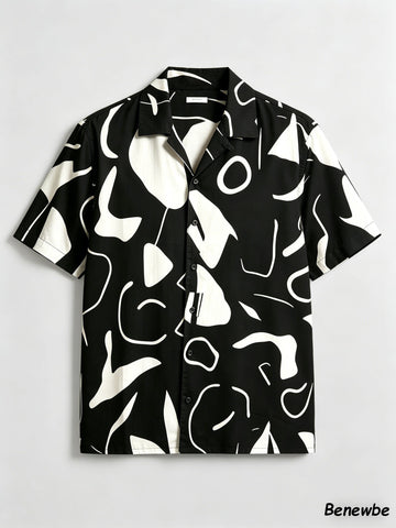 Minimalist Artistic Graffiti All‑Over Print Shirt, Breathable Drapey Casual Short Sleeve Blouse for Men