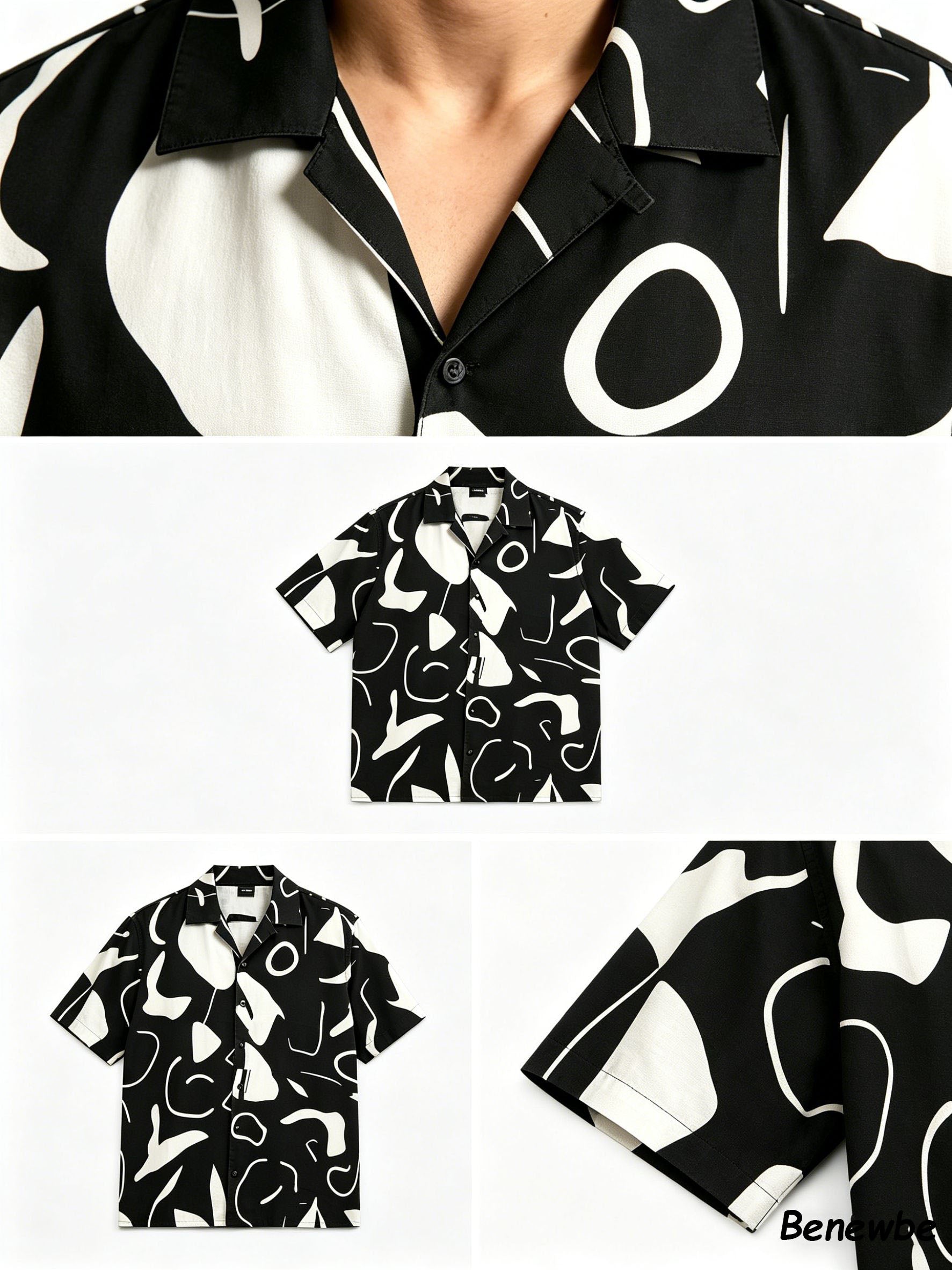 Minimalist Artistic Graffiti All‑Over Print Shirt, Breathable Drapey Casual Short Sleeve Blouse for Men