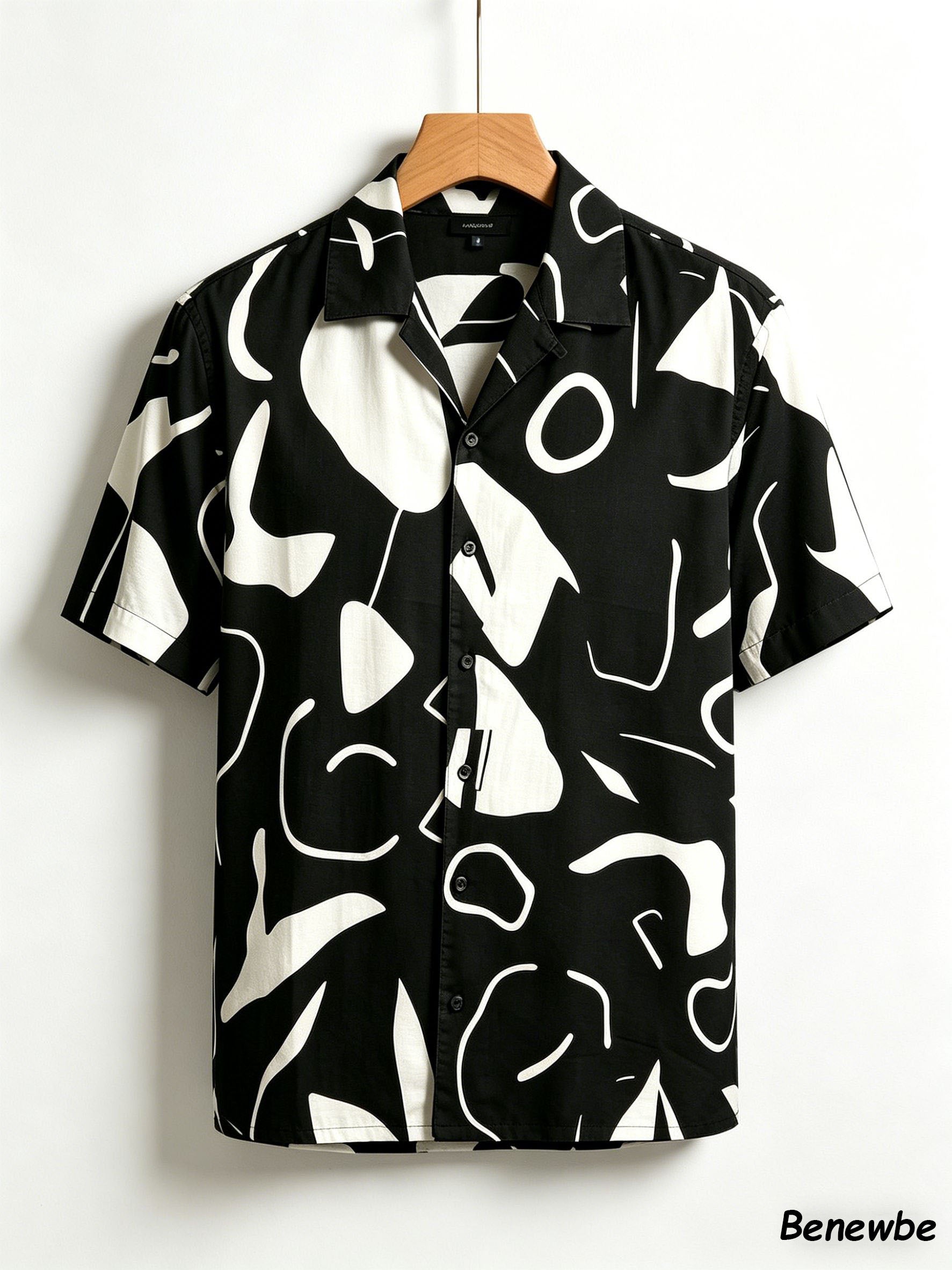 Minimalist Artistic Graffiti All‑Over Print Shirt, Breathable Drapey Casual Short Sleeve Blouse for Men