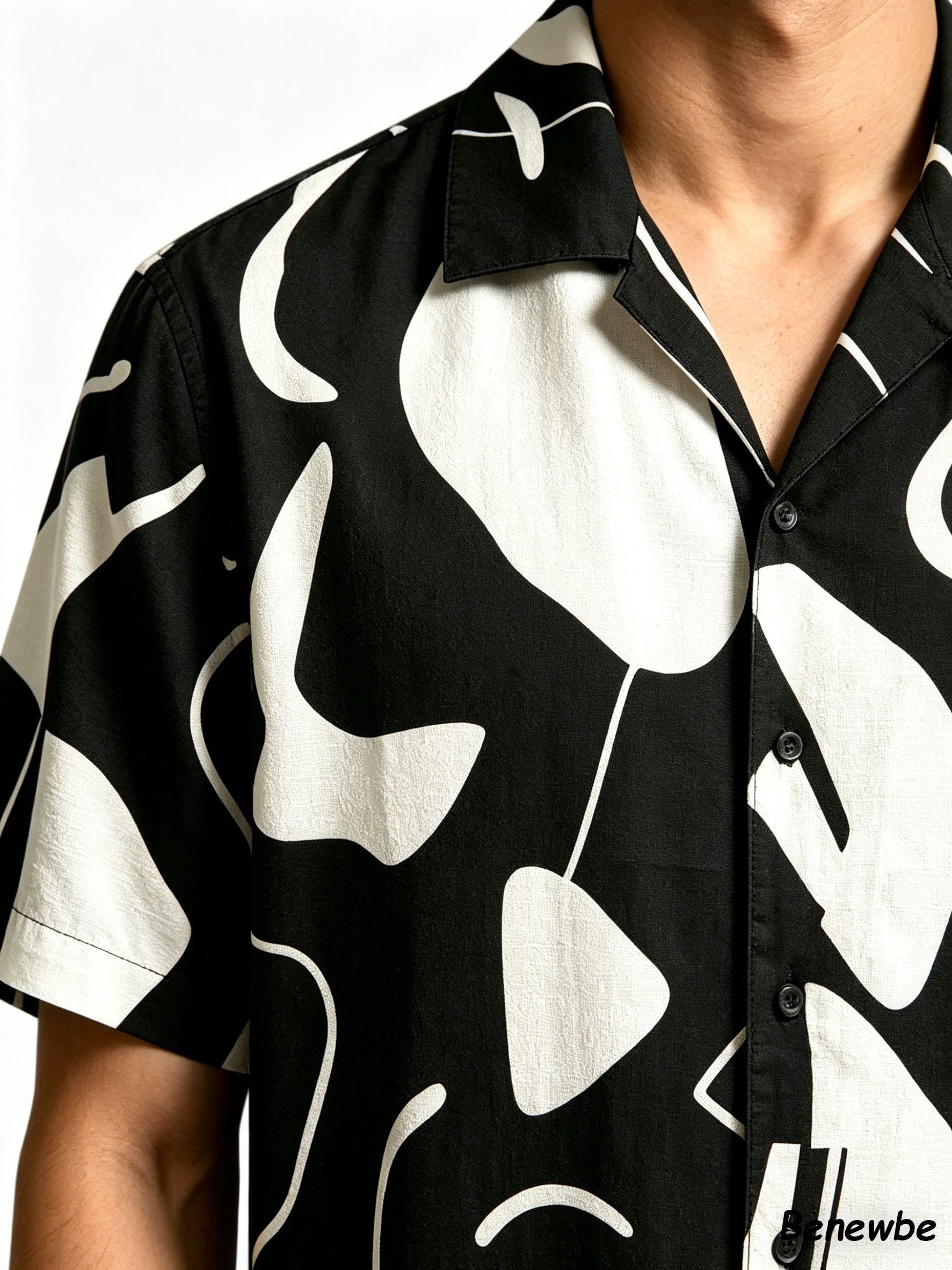 Minimalist Artistic Graffiti All‑Over Print Shirt, Breathable Drapey Casual Short Sleeve Blouse for Men