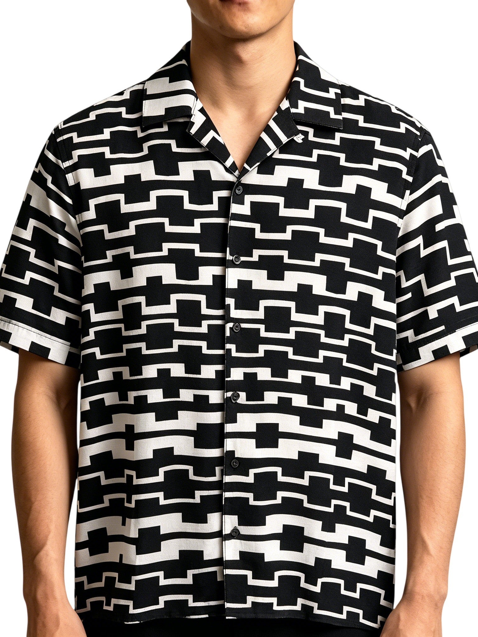 Men's Black-White Geometric Grid Short Sleeve Shirt, Retro Camp Collar Loose Casual Top