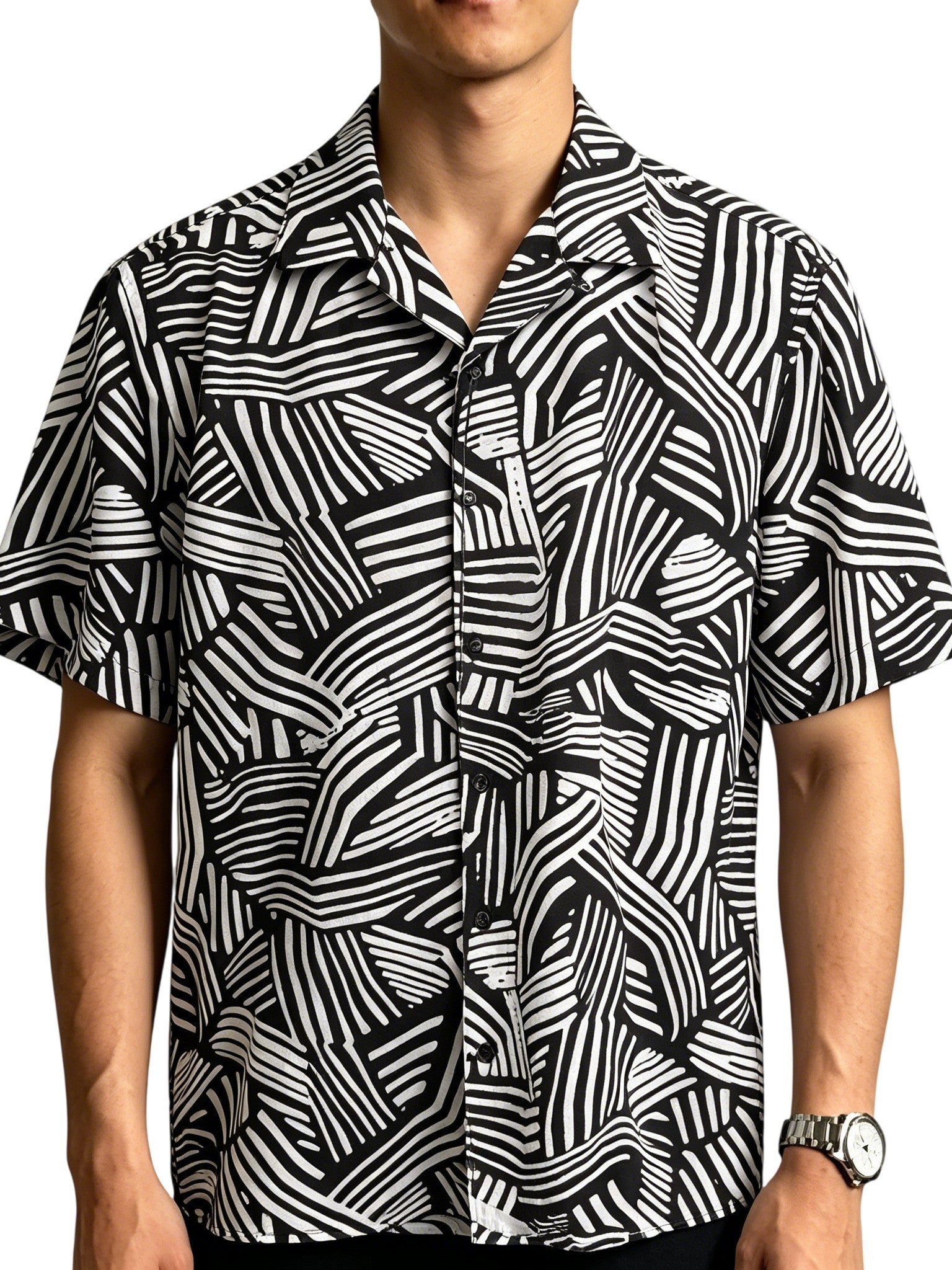 Men's Retro Black & White Geometric Line Short Sleeve Shirt, Casual Camp Collar Loose Button‑Up Top