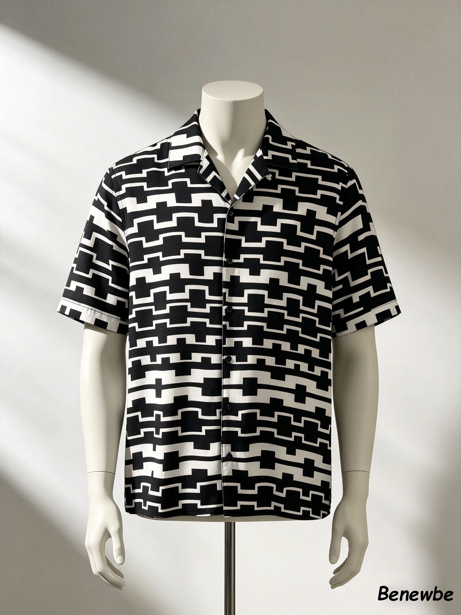Men's Black-White Geometric Grid Short Sleeve Shirt, Retro Camp Collar Loose Casual Top