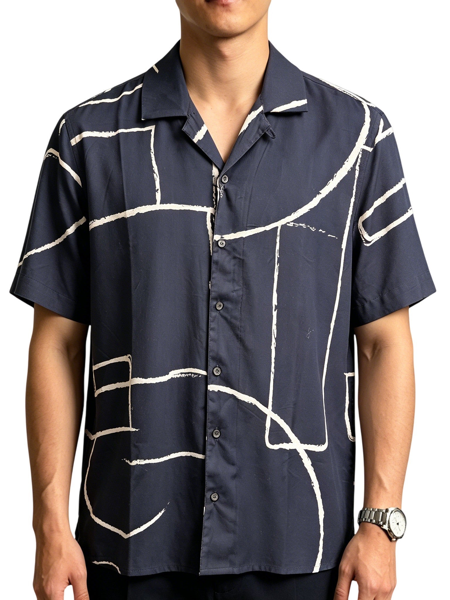 Men's Minimalist Geometric Hand‑Drawn Line Short Sleeve Shirt, Art‑Inspired Camp Collar Loose Casual Top