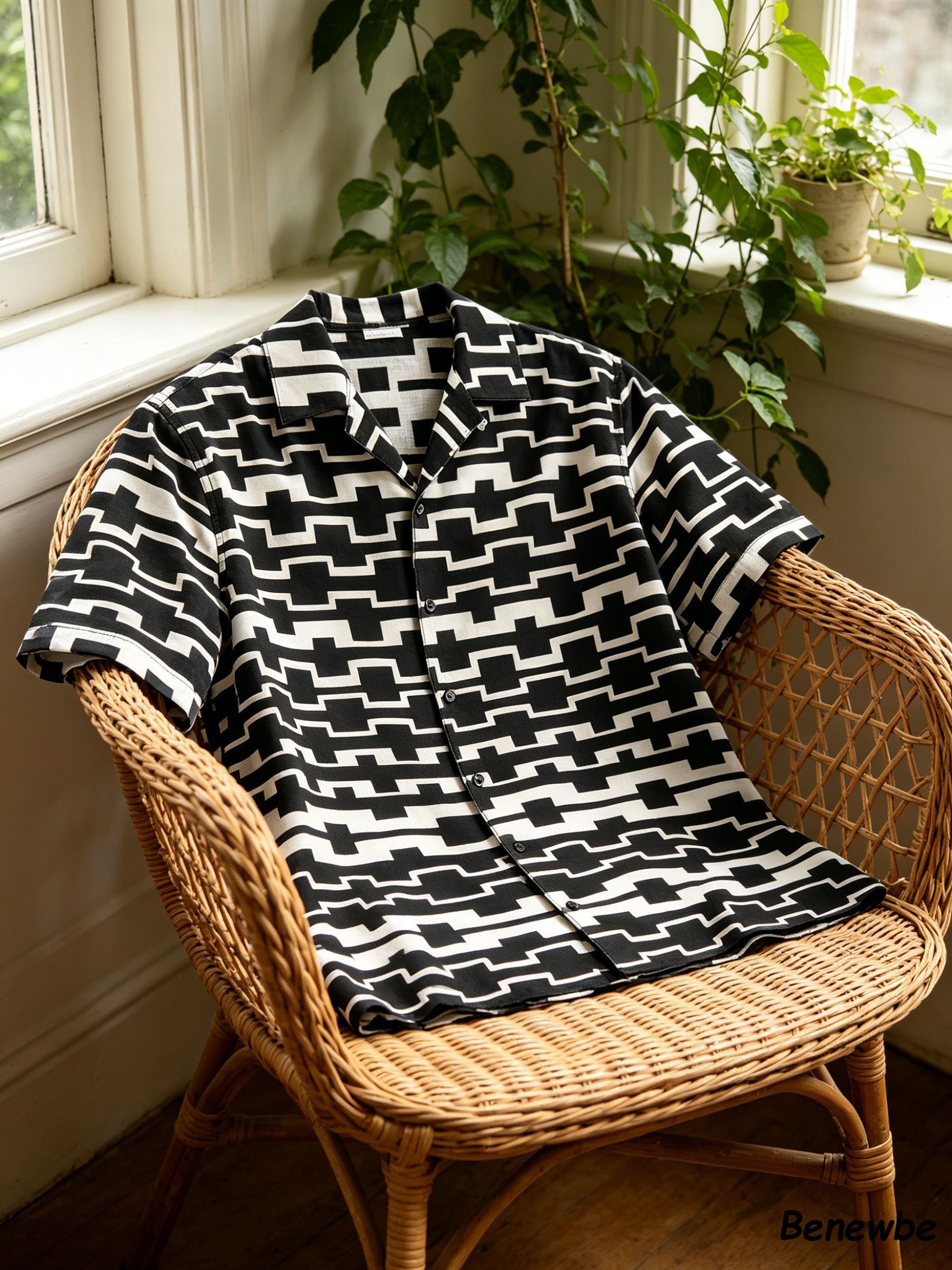 Men's Black-White Geometric Grid Short Sleeve Shirt, Retro Camp Collar Loose Casual Top