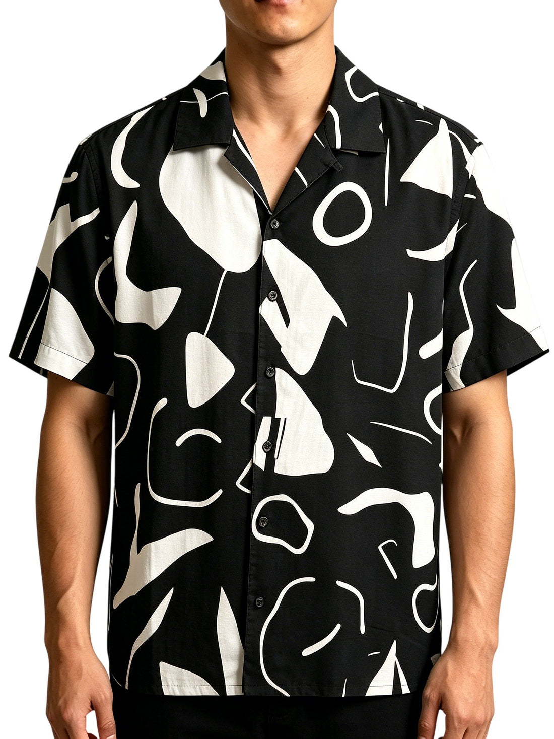 Minimalist Artistic Graffiti All‑Over Print Shirt, Breathable Drapey Casual Short Sleeve Blouse for Men