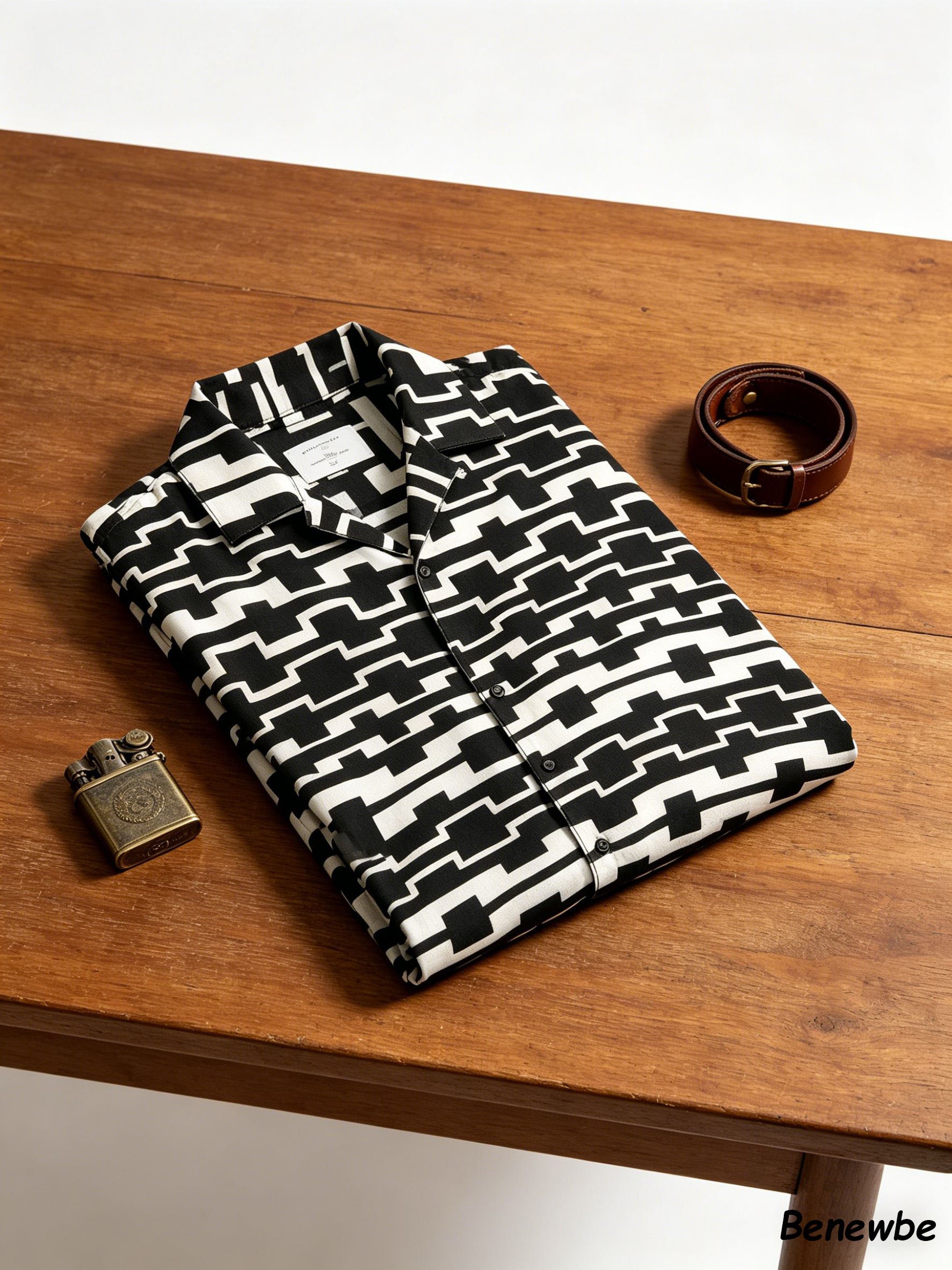 Men's Black-White Geometric Grid Short Sleeve Shirt, Retro Camp Collar Loose Casual Top