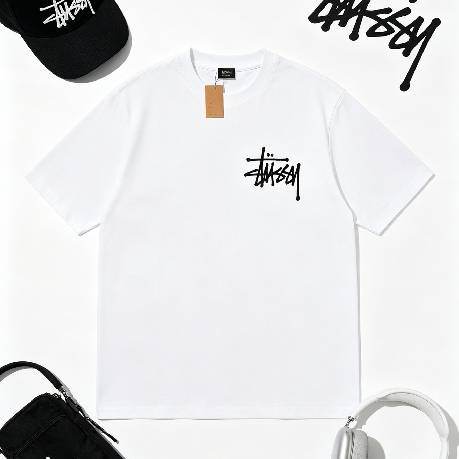 Minimal Double-Sided Signature Print Short Sleeve Top, Pure Cotton Oversized Casual Basic T‑Shirt