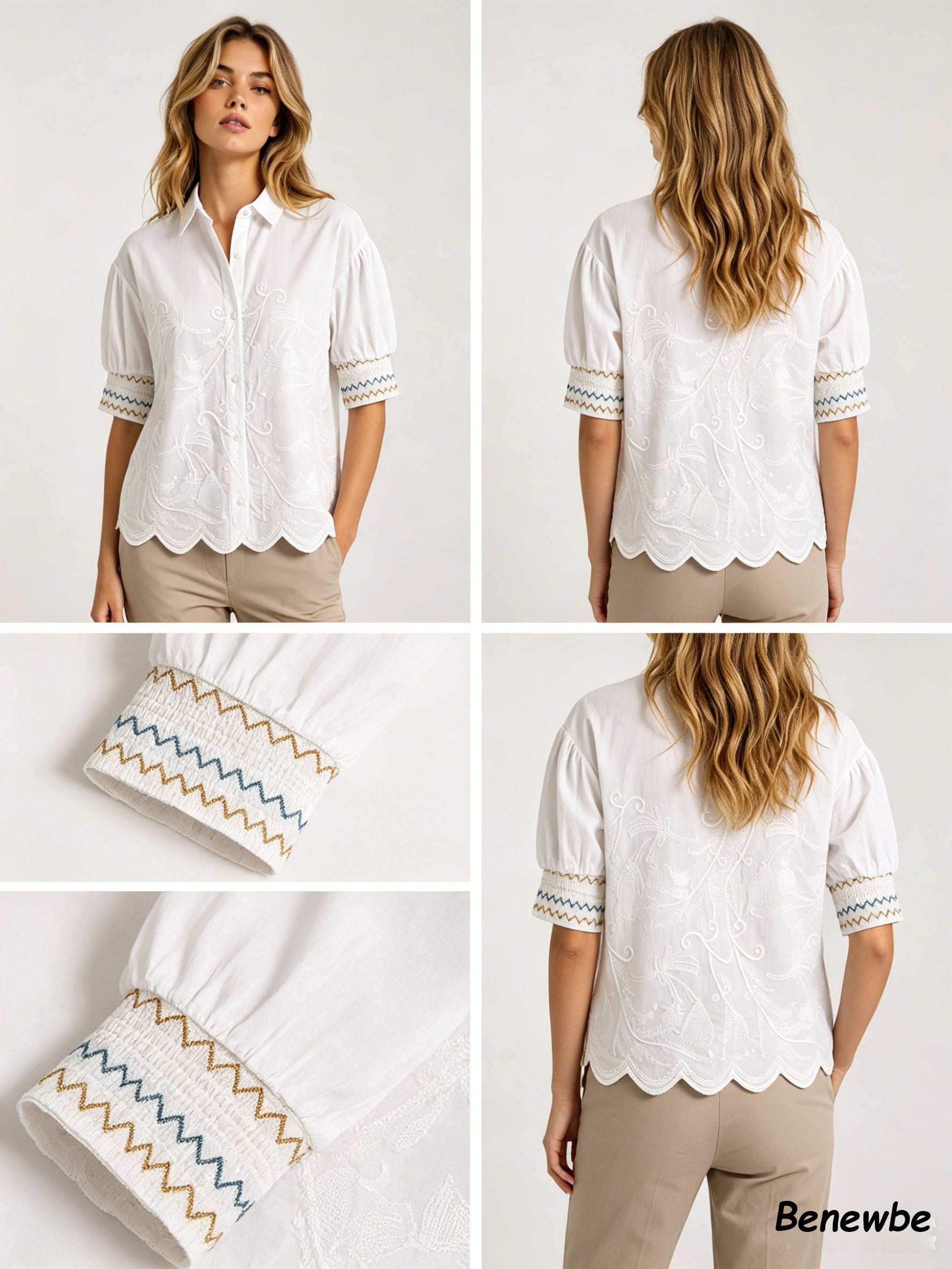 Women's Heavy Embroidered Puff Sleeve White Blouse, Vintage Collar Smocked Cuff Scalloped Hem Shirt
