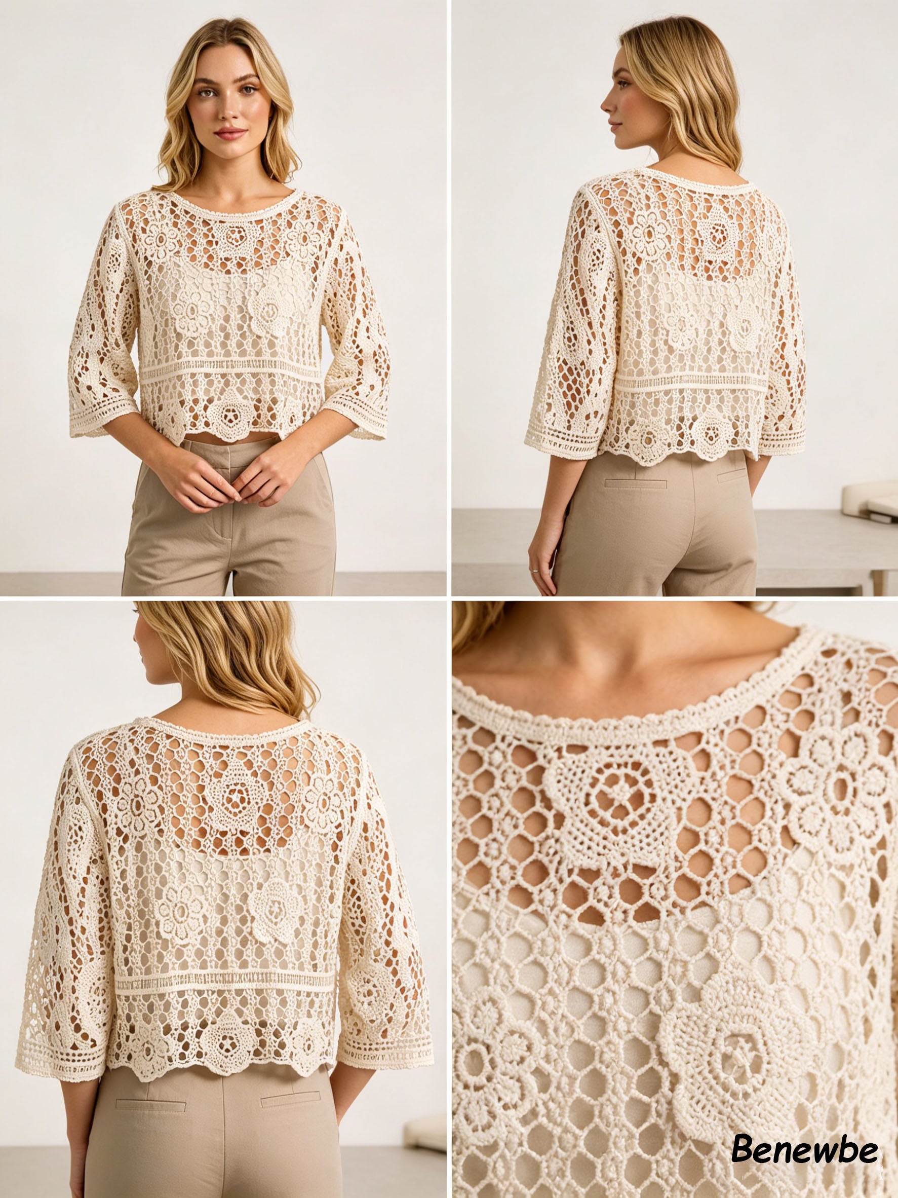 Women's 3D Crochet Hollow Knit Cover Up, Round Neck 3/4 Flare Sleeve Cropped Vacation Top