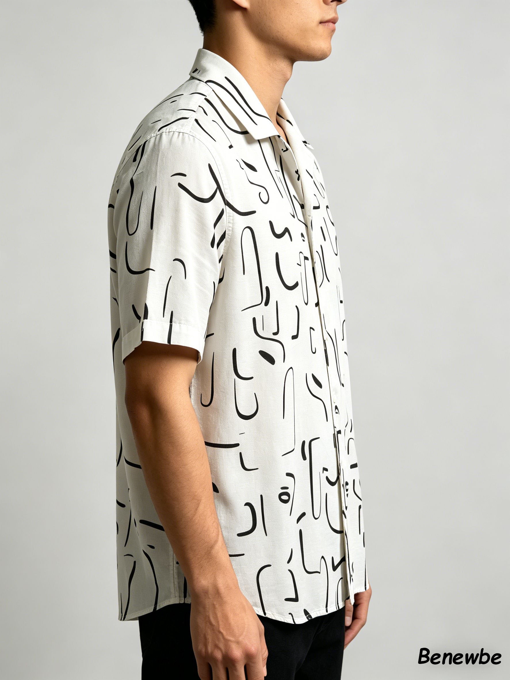 Minimalist Black‑White Graffiti All‑Over Print Shirt, Breathable Vacation‑Style Short Sleeve Blouse for Men