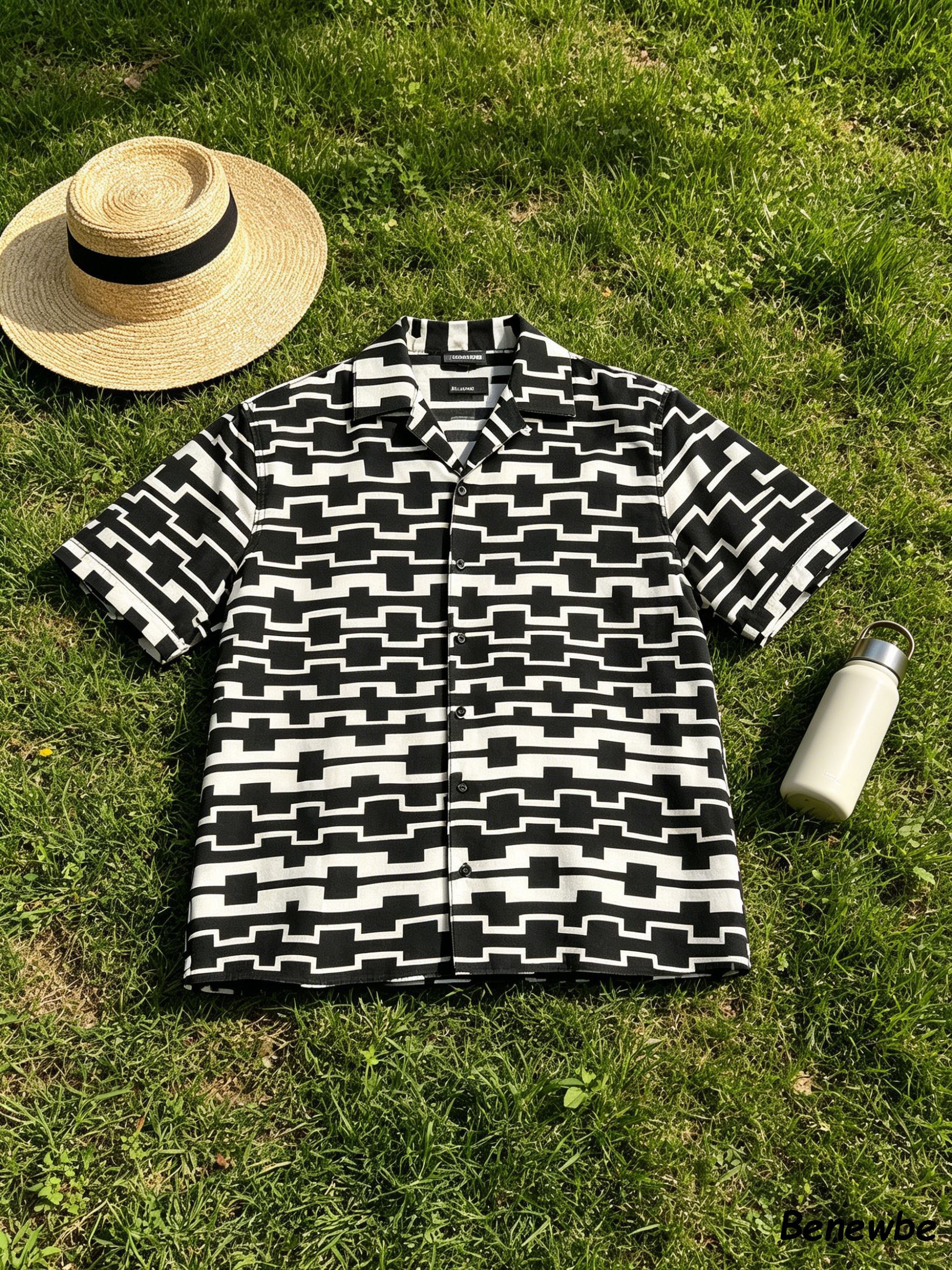 Men's Black-White Geometric Grid Short Sleeve Shirt, Retro Camp Collar Loose Casual Top