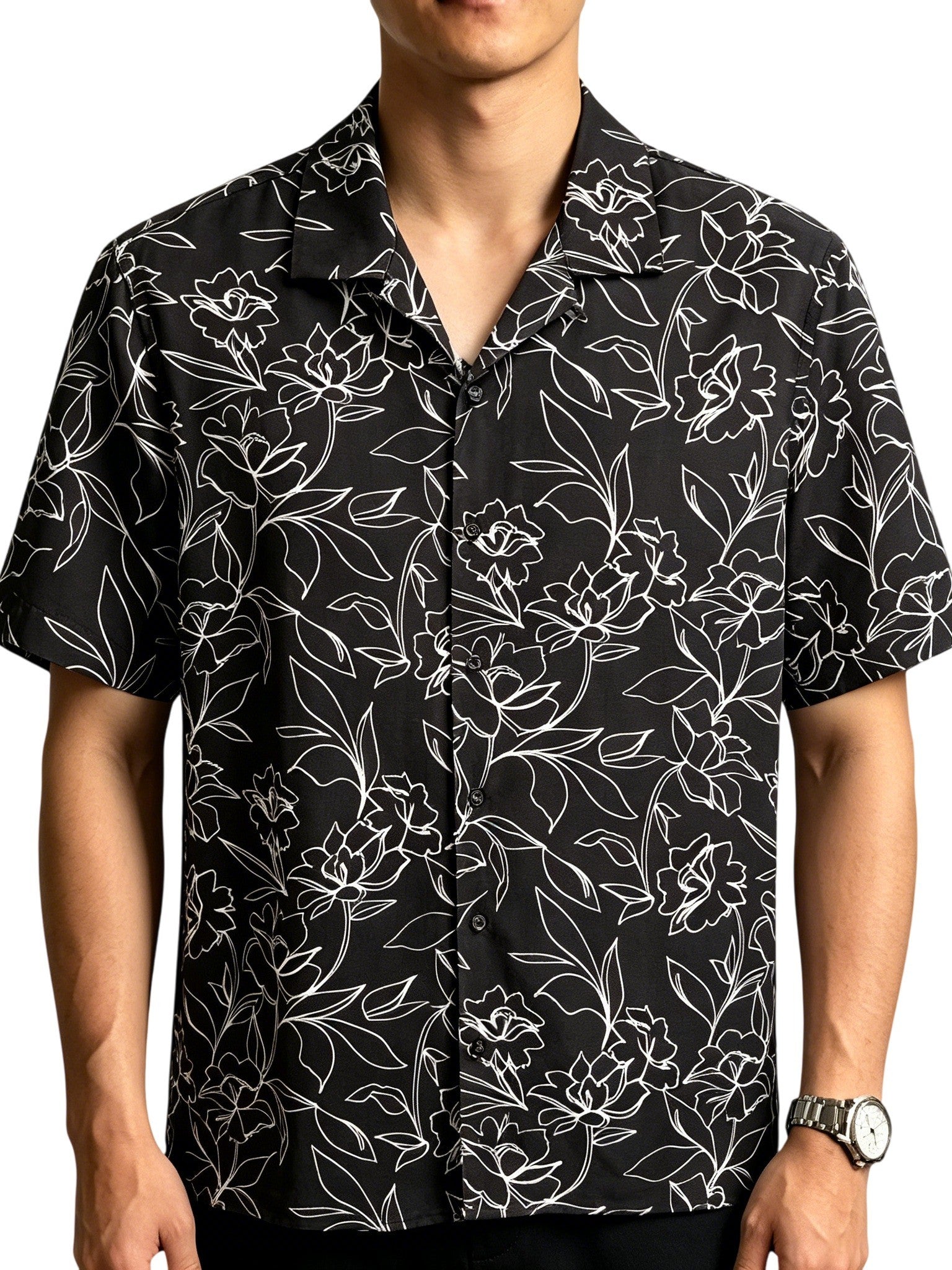 French-Inspired Sketch Flower Bouquet All-Over Print Shirt, Breathable Drapey Casual Short Sleeve Blouse For Men