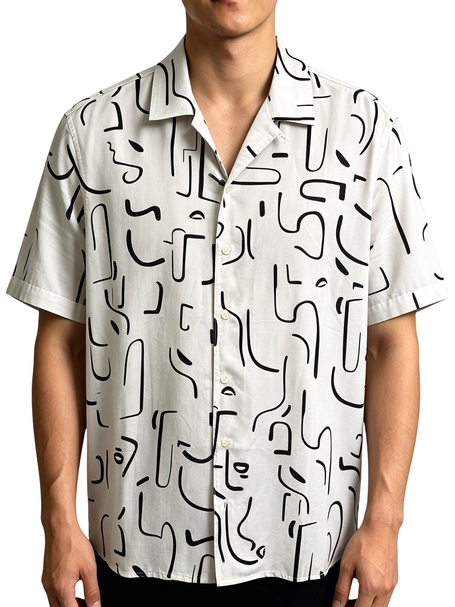 Minimalist Black‑White Graffiti All‑Over Print Shirt, Breathable Vacation‑Style Short Sleeve Blouse for Men